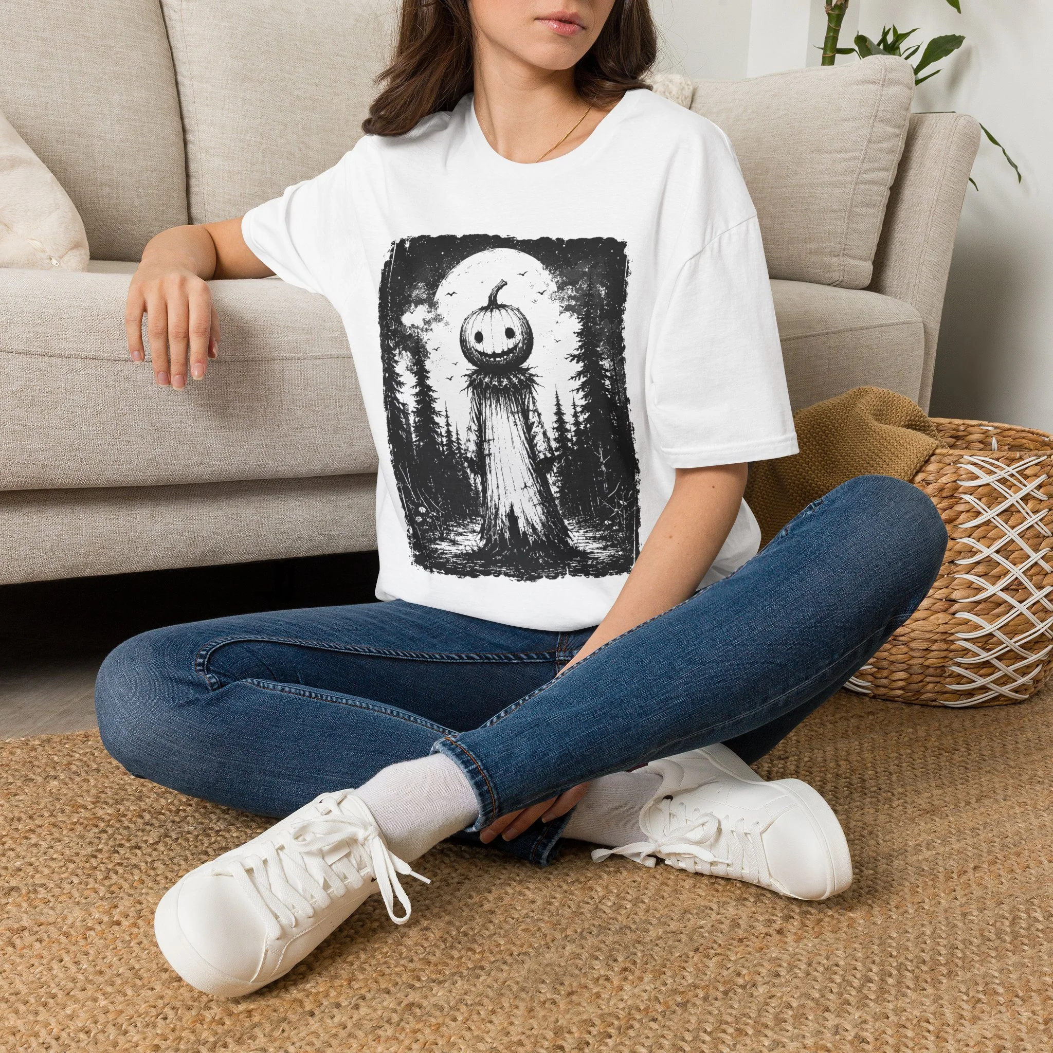 Halloween Pumpkin ScareCrow In Forest T-Shirt Version 4
