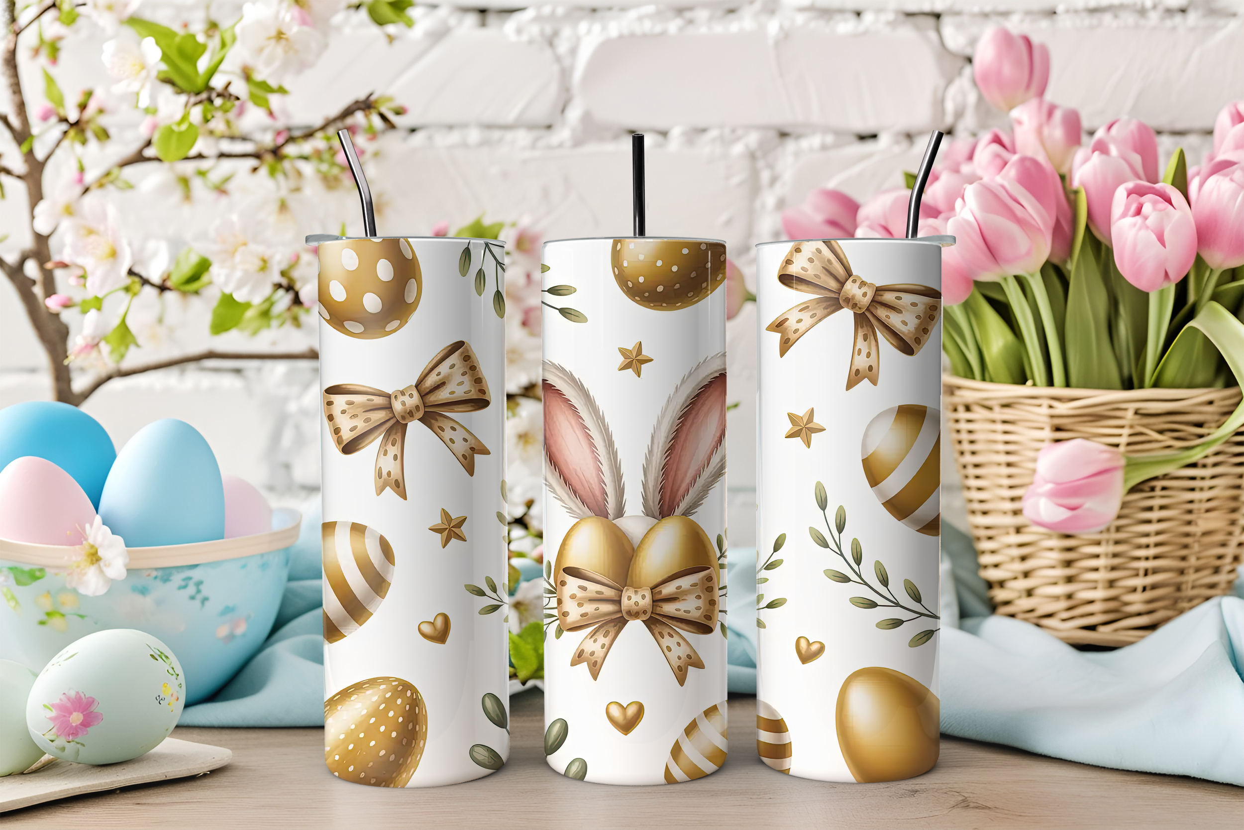 20oz Gold Bunny Ears Stainless Steel Tumbler with Easter Floral Design