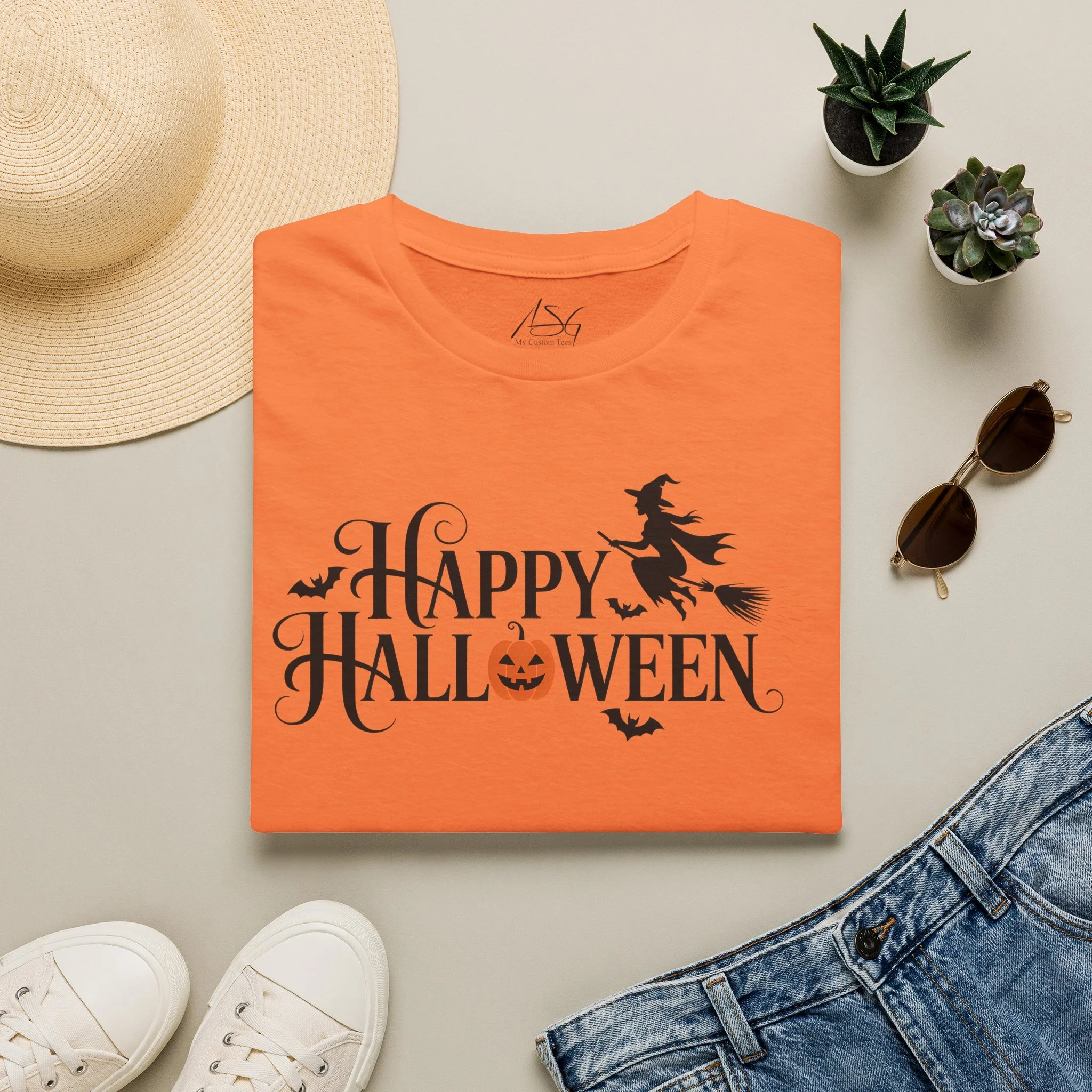 Happy Halloween T-Shirt — Witch, Bats & Jack-O'-Lantern Graphic