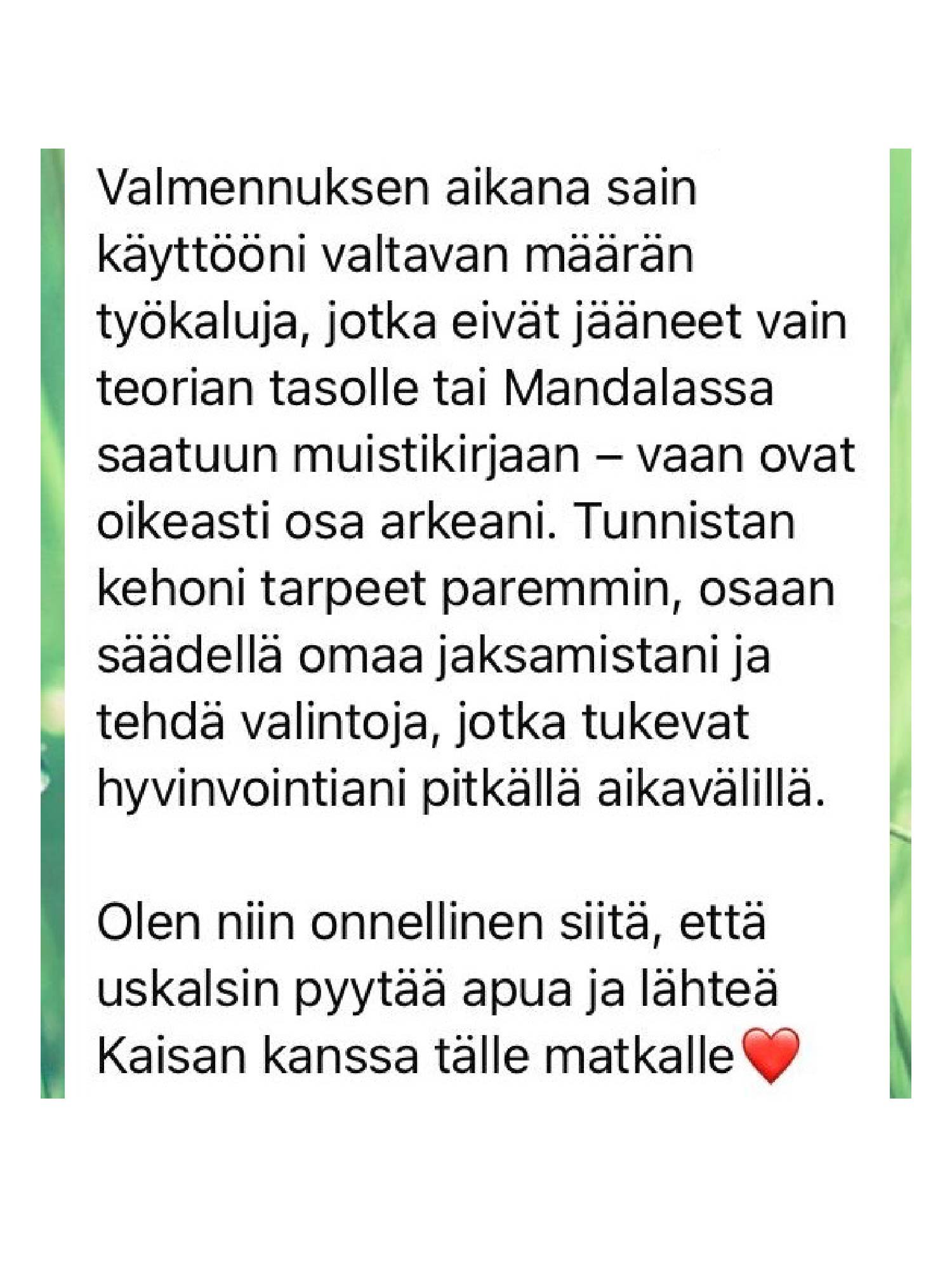 Tekstinäyttö, jossa kerrotaan harjoittelusta ja sen hyödyistä, ja lopussa on sydänsymboli.