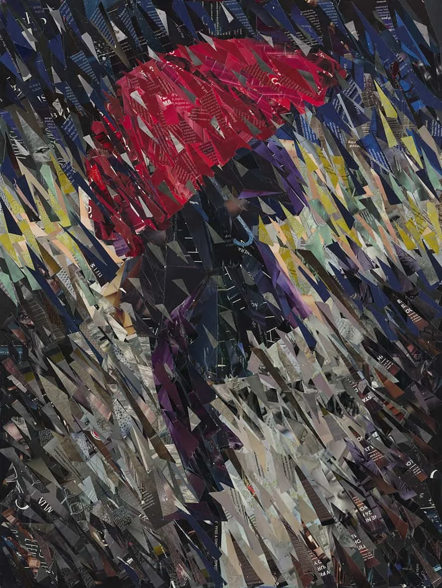 Running Through Rain (2014). Magazine Paper cuttings on wood panel. 60 x 80cm. SOLD.