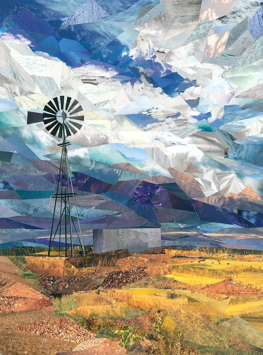 Karoo Sky & Windmill 2 (2021). Magazine Paper cuttings on wood panel. 60 x 80cm. SOLD.