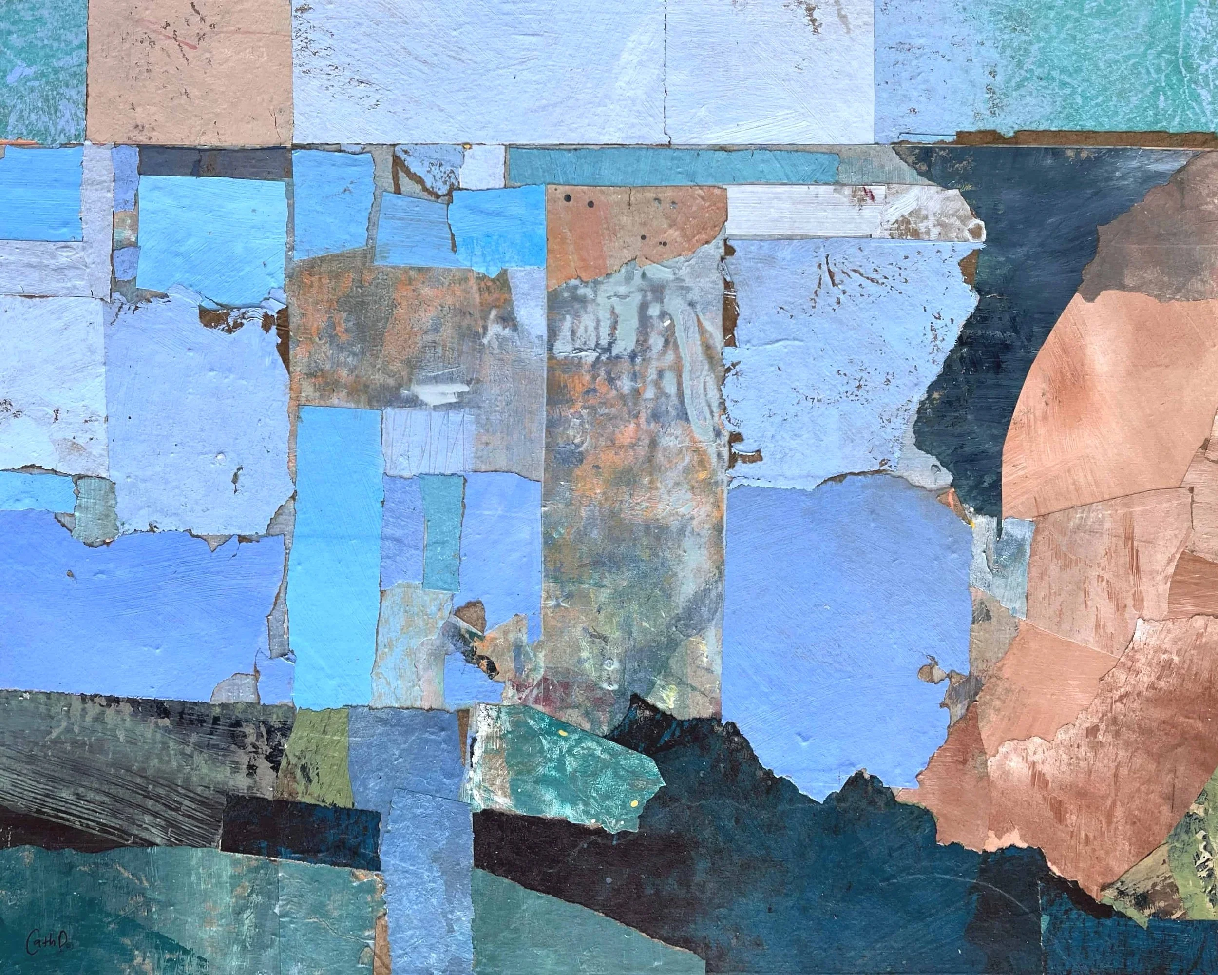 Harbourless Blue (2025). Recycled painted paper collage on cradled wood panel 40 x 50cm. Available. €450.