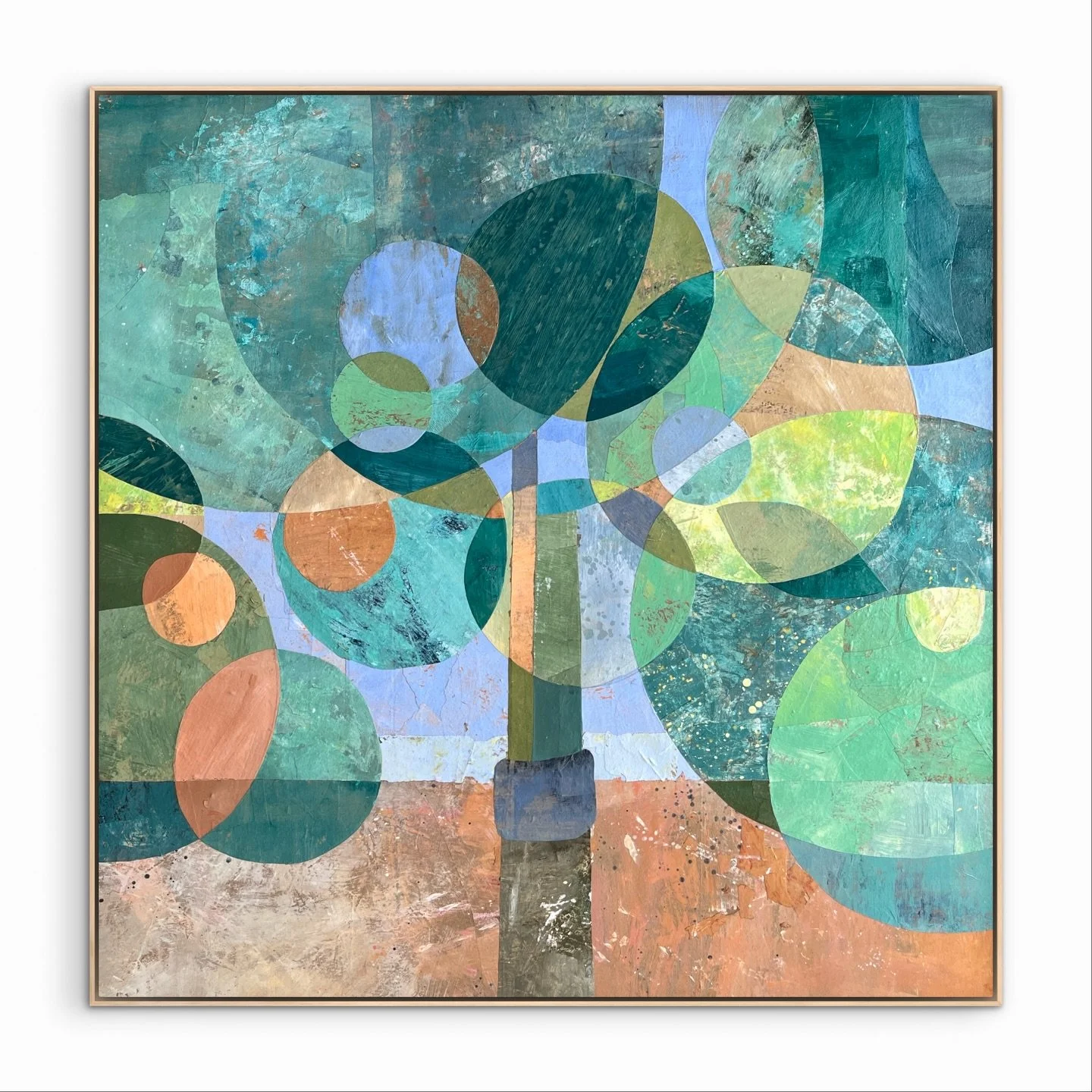 Flourishing Graft (2025)
Recycled painted paper on canvas 
100 &times; 100 cm

&ldquo;Flourishing Graft&rdquo; depicts a grafted fruit tree bearing both lemons and oranges - a vision of harmony through difference. 

Its overlapping circles represent 