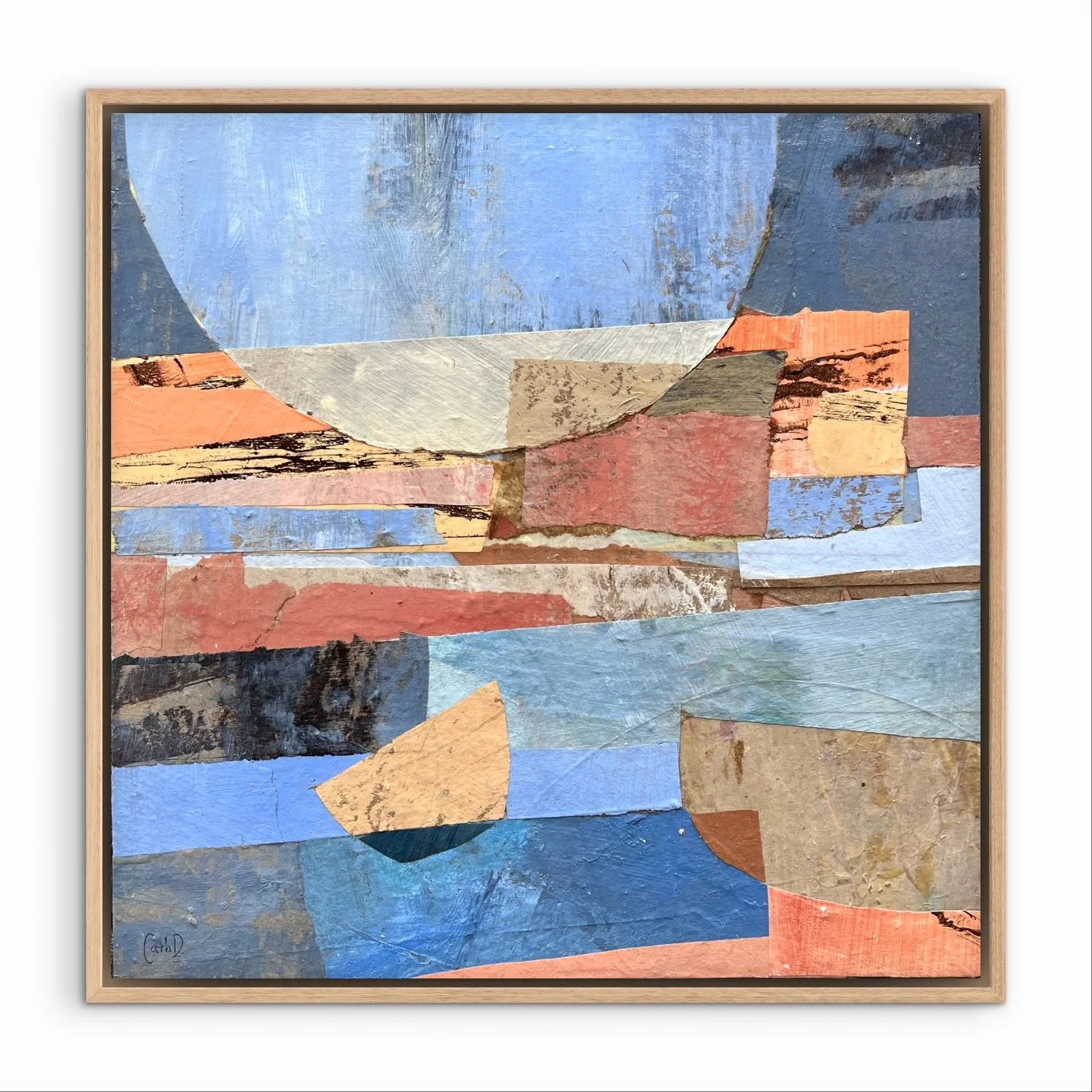 Carried By a Sea That Also Lives in Me (2025)
Recycled painted paper on wood panel
30 &times; 30 cm 

This small abstract seascape evokes the constant movement and depth of the ocean - both around us and within us. Layered textures and flowing forms 