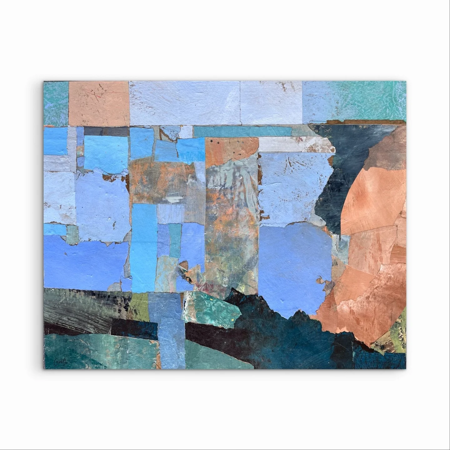 &ldquo;Harbourless Blue&rdquo; (2025)
Recycled painted paper on wood panel
40 &times; 50 cm

This abstract seascape speaks to the experience of uncertainty - of moving through life without a clear harbour to rest in, and with future shores still out 
