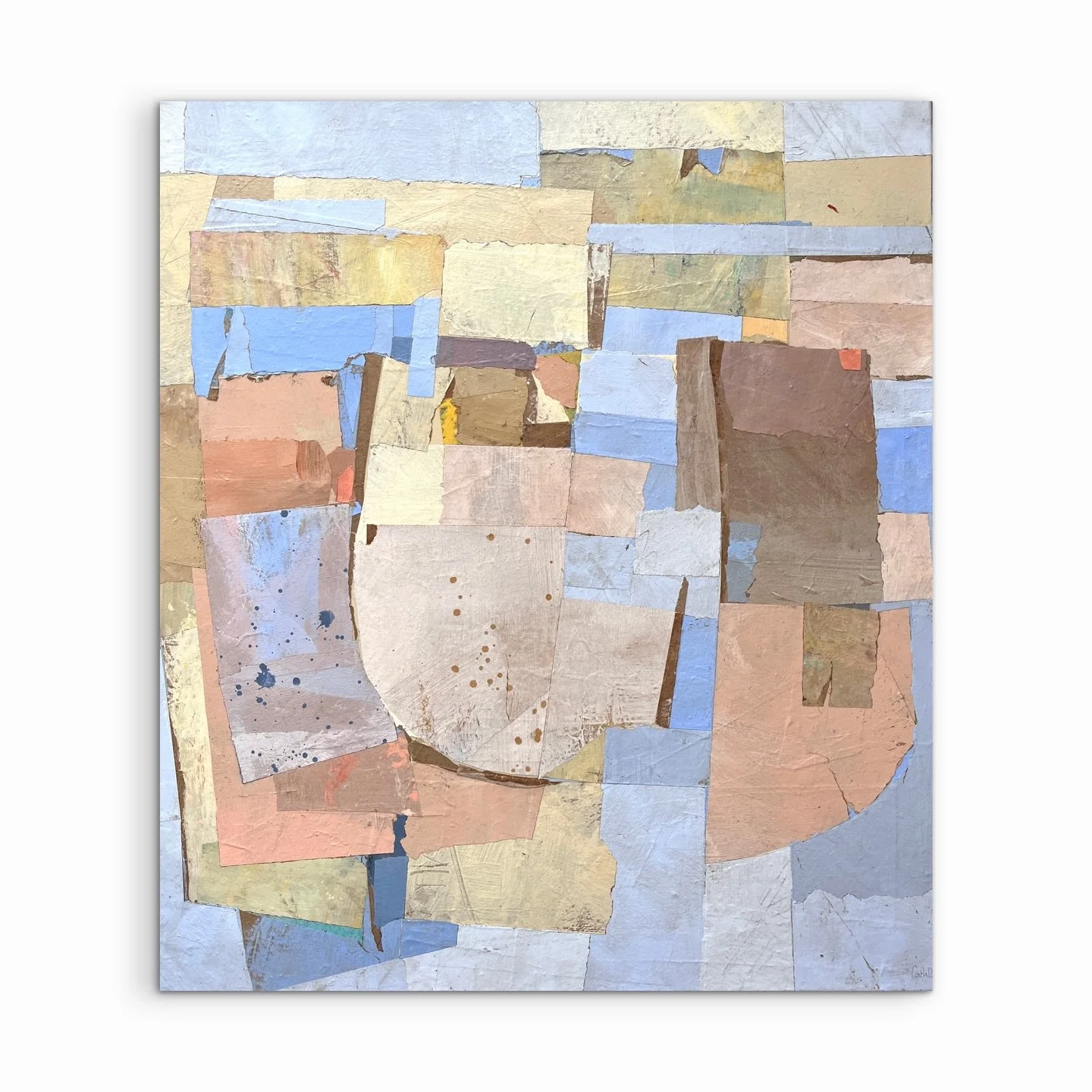 &ldquo;Tethered in the Drift&rdquo; (2025)
Recycled painted paper on canvas
70 &times; 80 cm

Soft blues, terracottas, and ochres form an abstract landscape where fragile, land-like shapes tilt and hang from sky-like colour blocks. 

The work evokes 