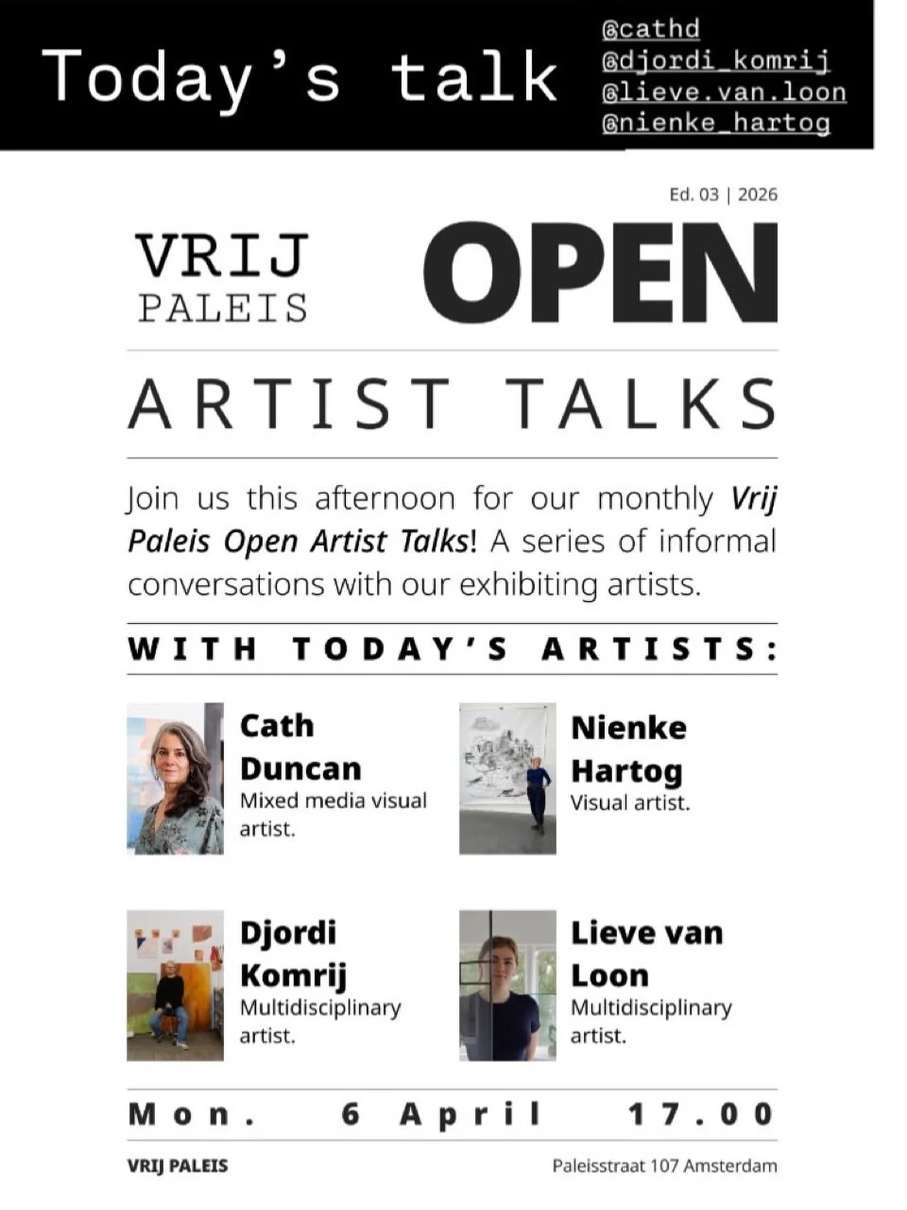If you&rsquo;re in Amsterdam today, join us at about 5pm at the @vrijpaleis for informal artist talks with me, @nienke_hartog, @djordi_komrij , and @lieve.van.loon 

Vrij Paleis, Paleisstraat, Amsterdam

🏷️ artist talks in Amsterdam, artist walk-thr