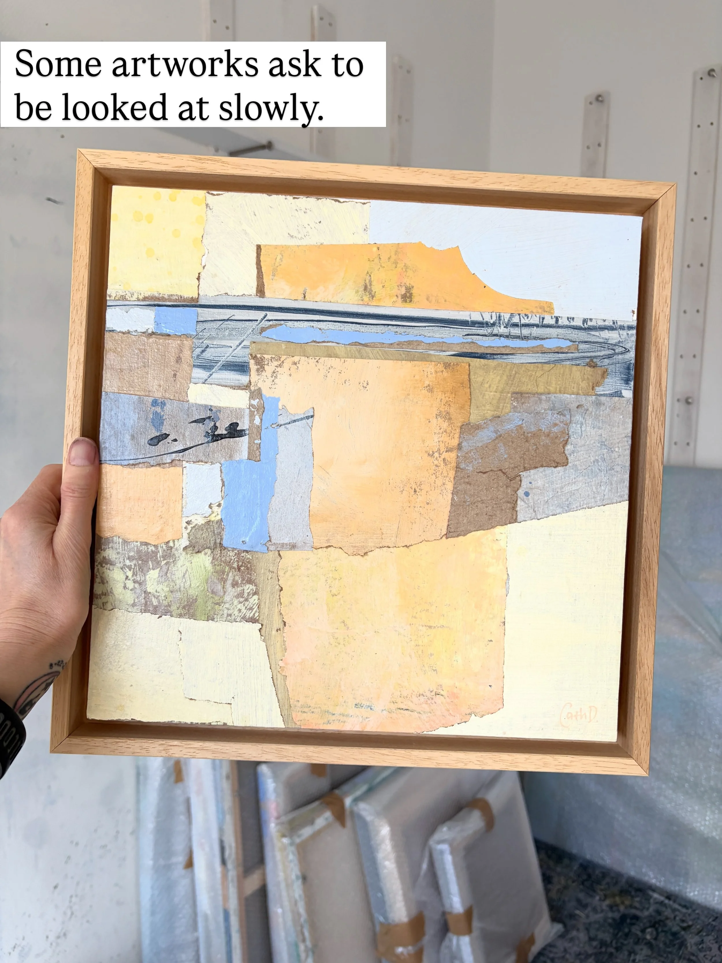 With this piece, I wanted the surface to feel almost tidal: soft shifts of colour, worn edges, fragments of light, water, sand. Something sensory and quietly alive.

Here, held in the light (2026)
Mixed media on wood
30 &times; 30 cm

An abstract sea