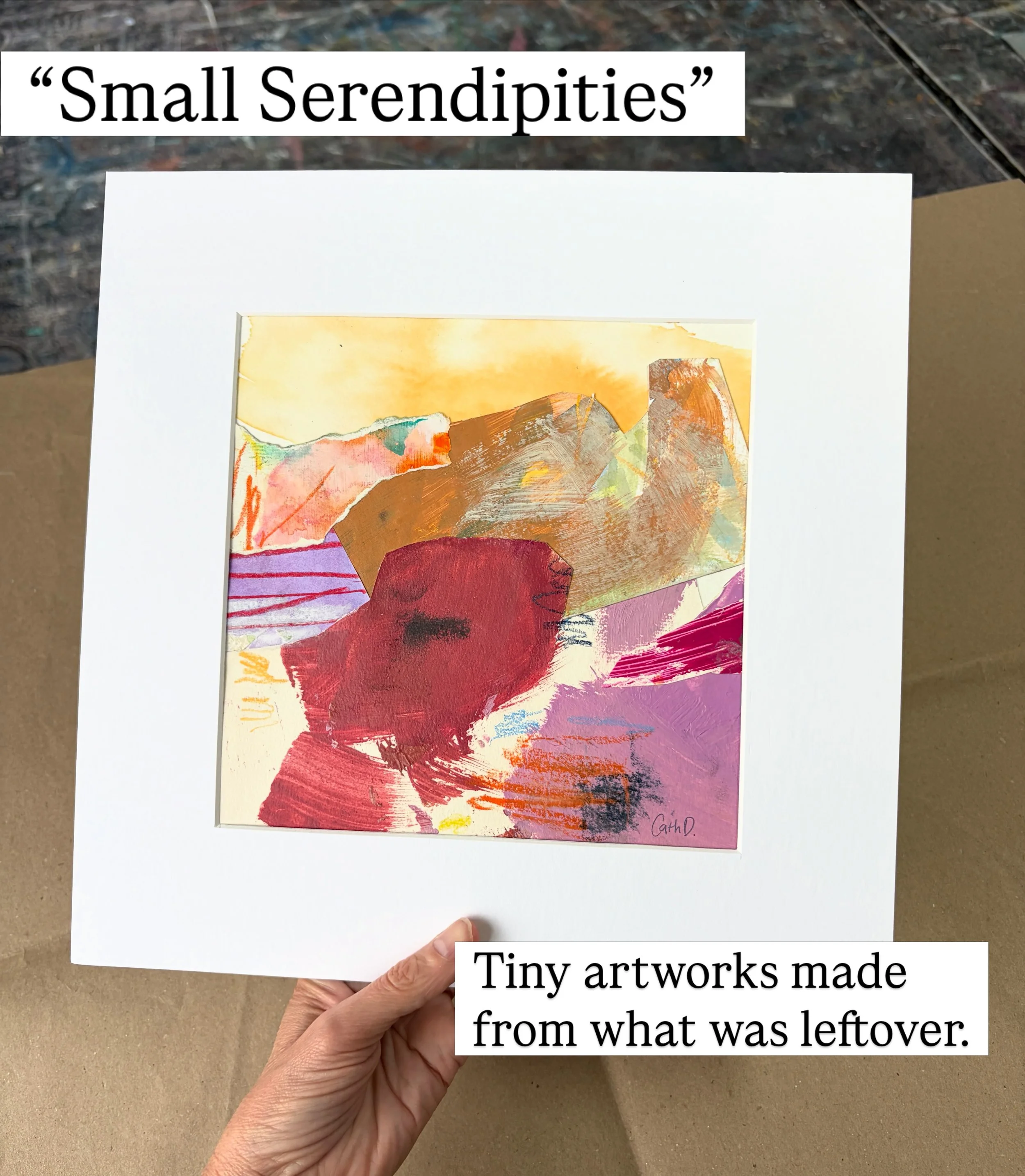 serendipity (n.) &mdash; the gift of finding unexpected beauty, meaning, or delight, by accident or in the places you least expected 

My Small Serendipities artworks are made from repurposed off-cuts and leftover colour and medium testers from my ot