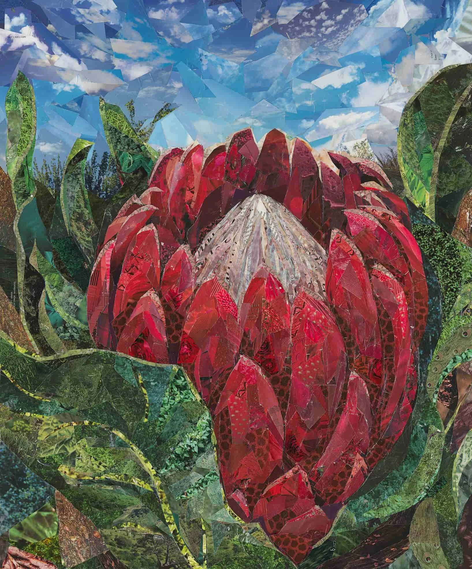 Paper Protea 1 (2021). Magazine Paper cuttings on wood panel. 60 x 72cm. SOLD.