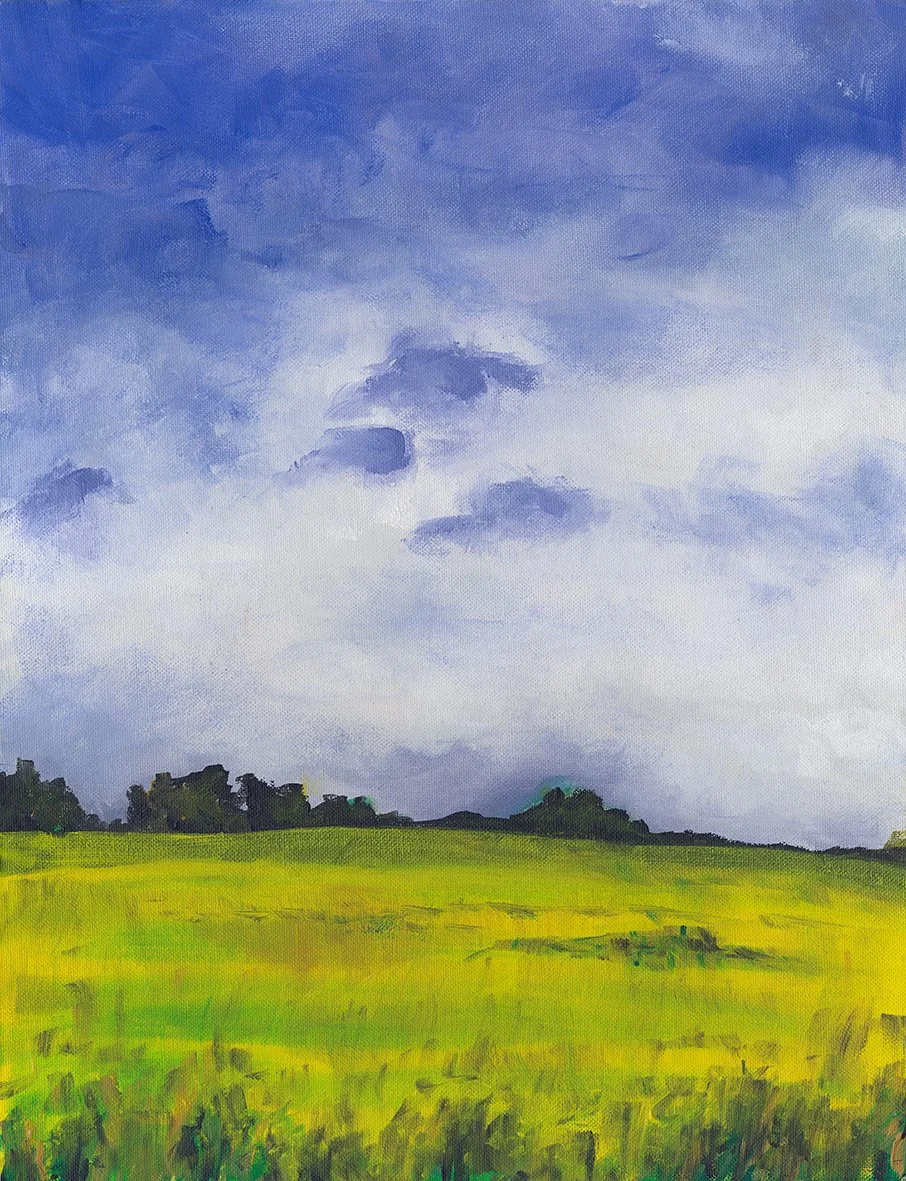 Rain Clouds Over The Fields of Derbyshire. Acrylic on canvas board. 35.5 x 46cm. Available. €350.