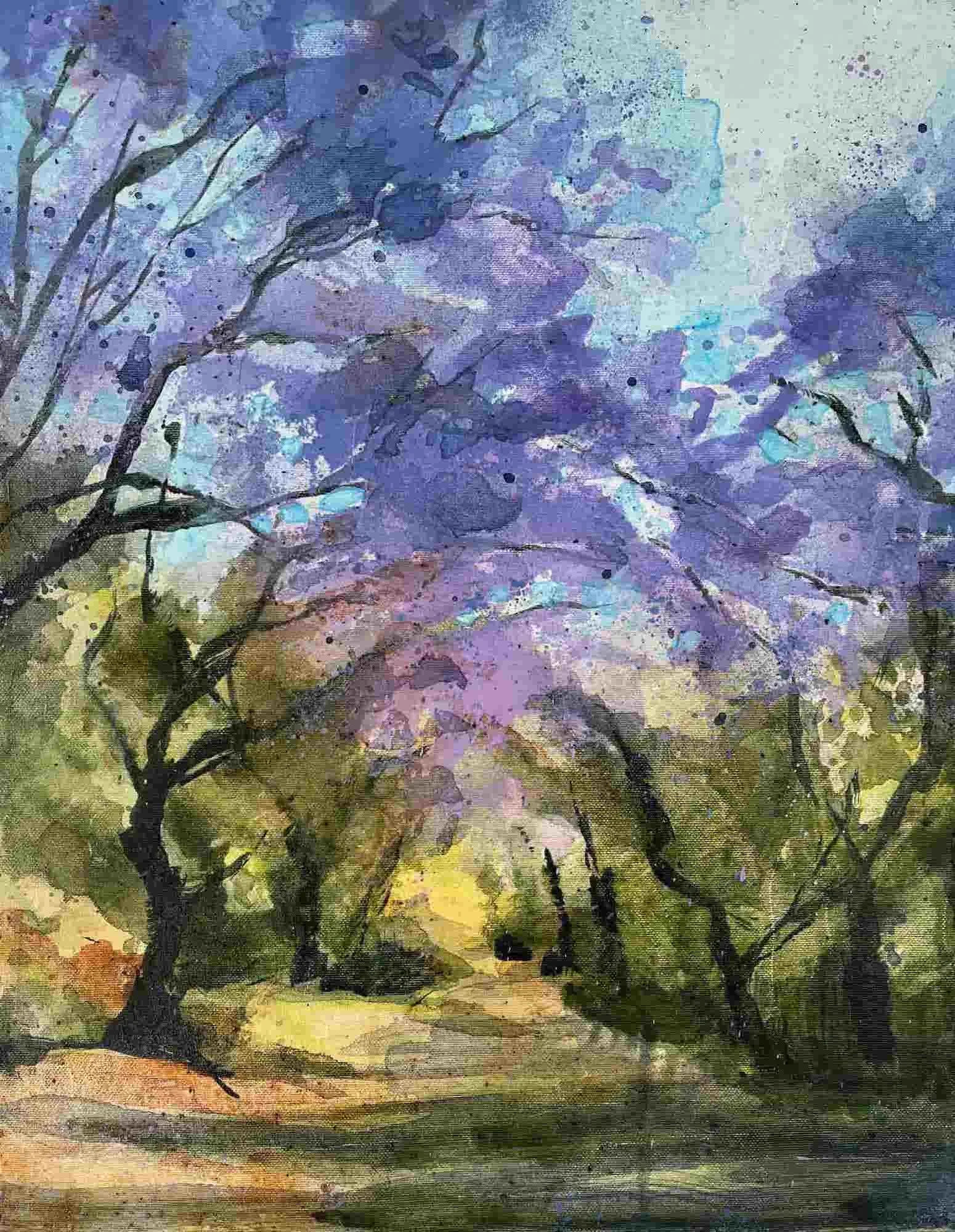 Jacaranda Delight 7 (2023). Mixed media on canvas. 40 x 50cm. Available. €400.