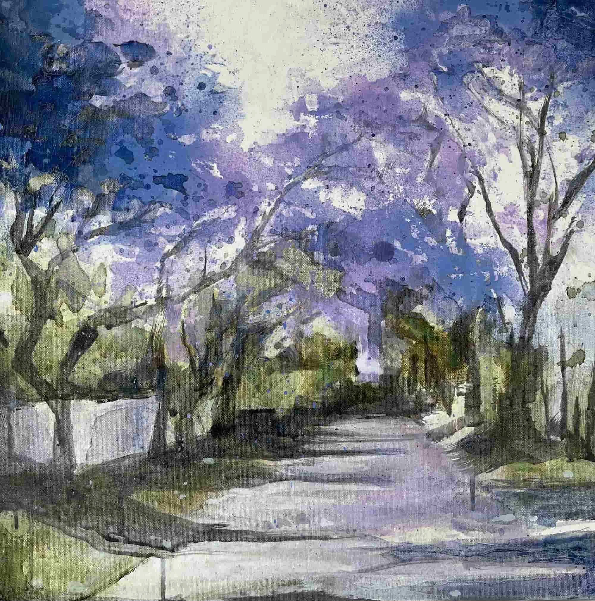 Jacaranda Delight 3 (2023). Mixed media on canvas. 50 x 50cm. Available. €480.