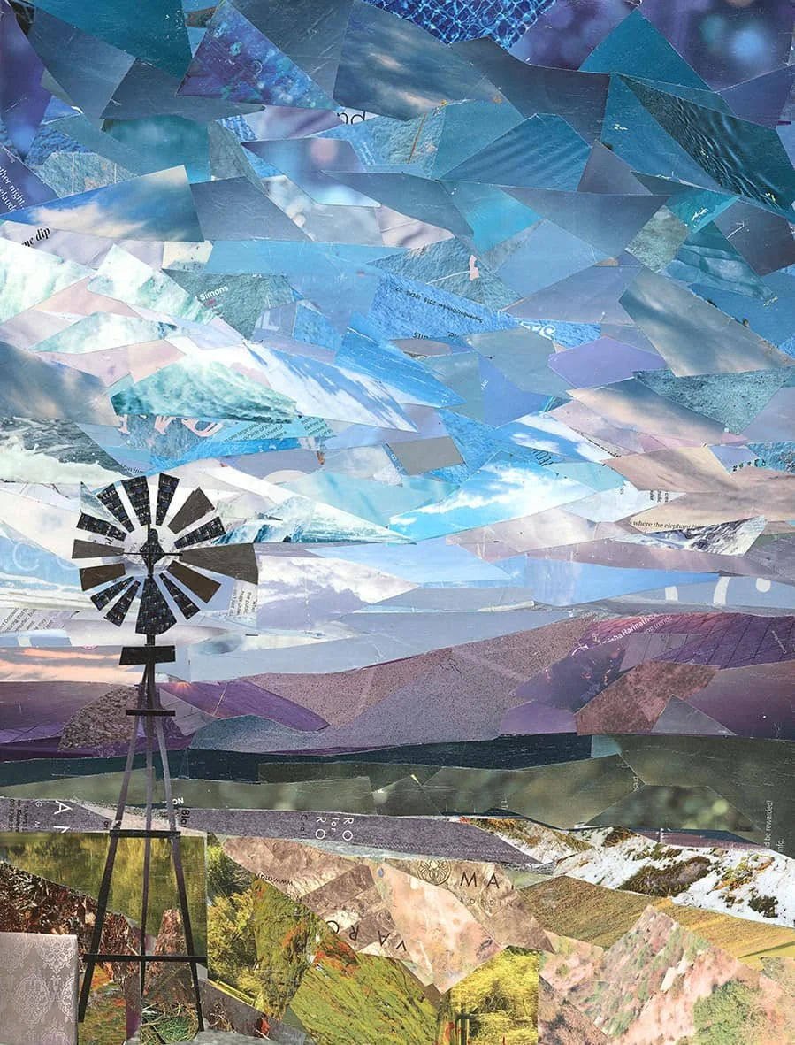 A Good Day on the Farm (2021). Magazine Paper cuttings on wood panel. 46 x 60cm. SOLD.