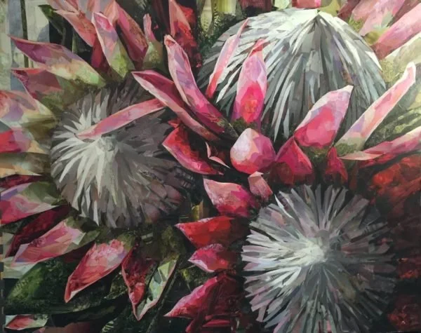 Pink Proteas (2014). Magazine Paper cuttings on wood panel. 220 x 150cm. SOLD.