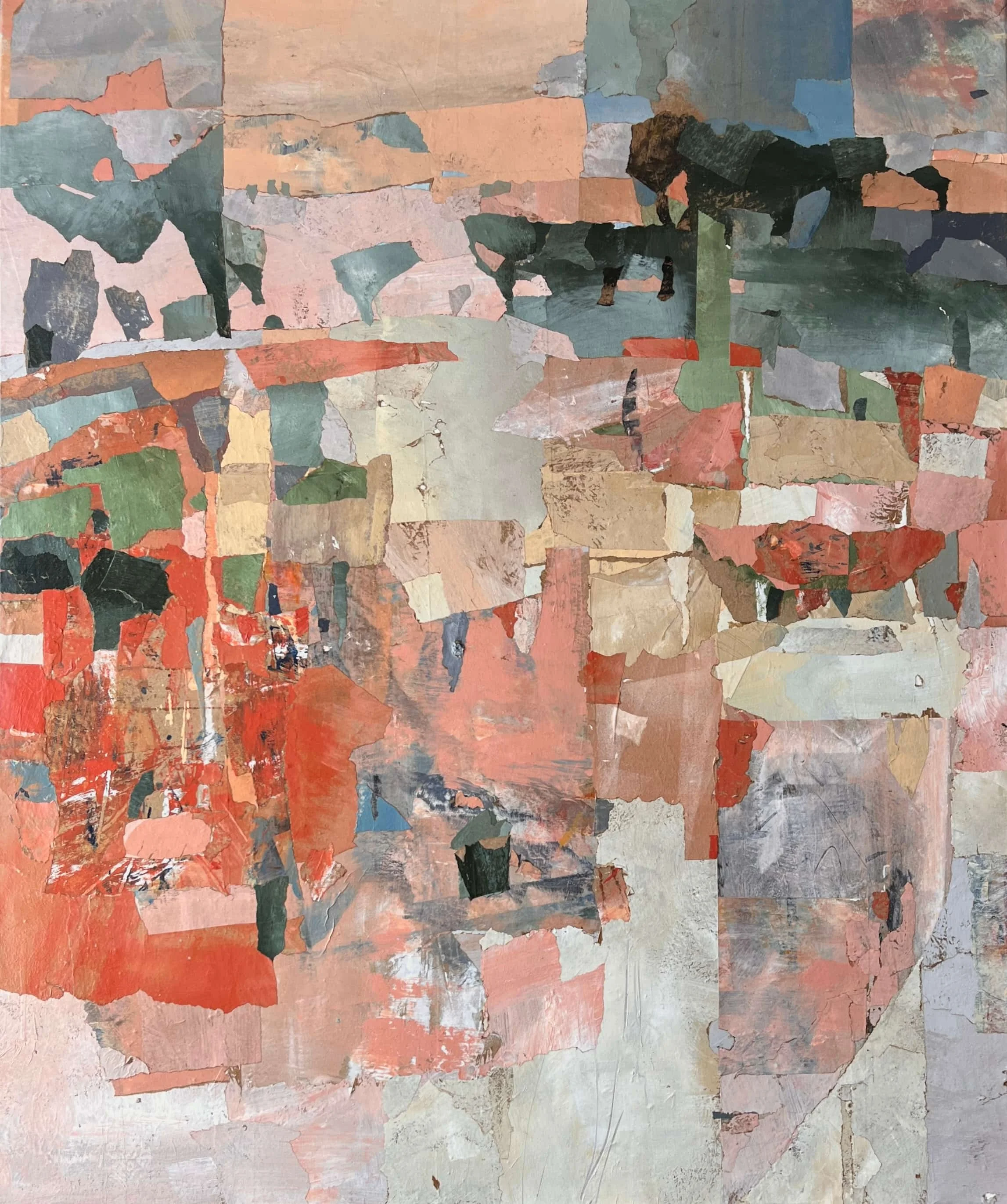 Red Dust and Eucalyptus (2025). Recycled painted papers on canvas. 100 x 120cm. SOLD.