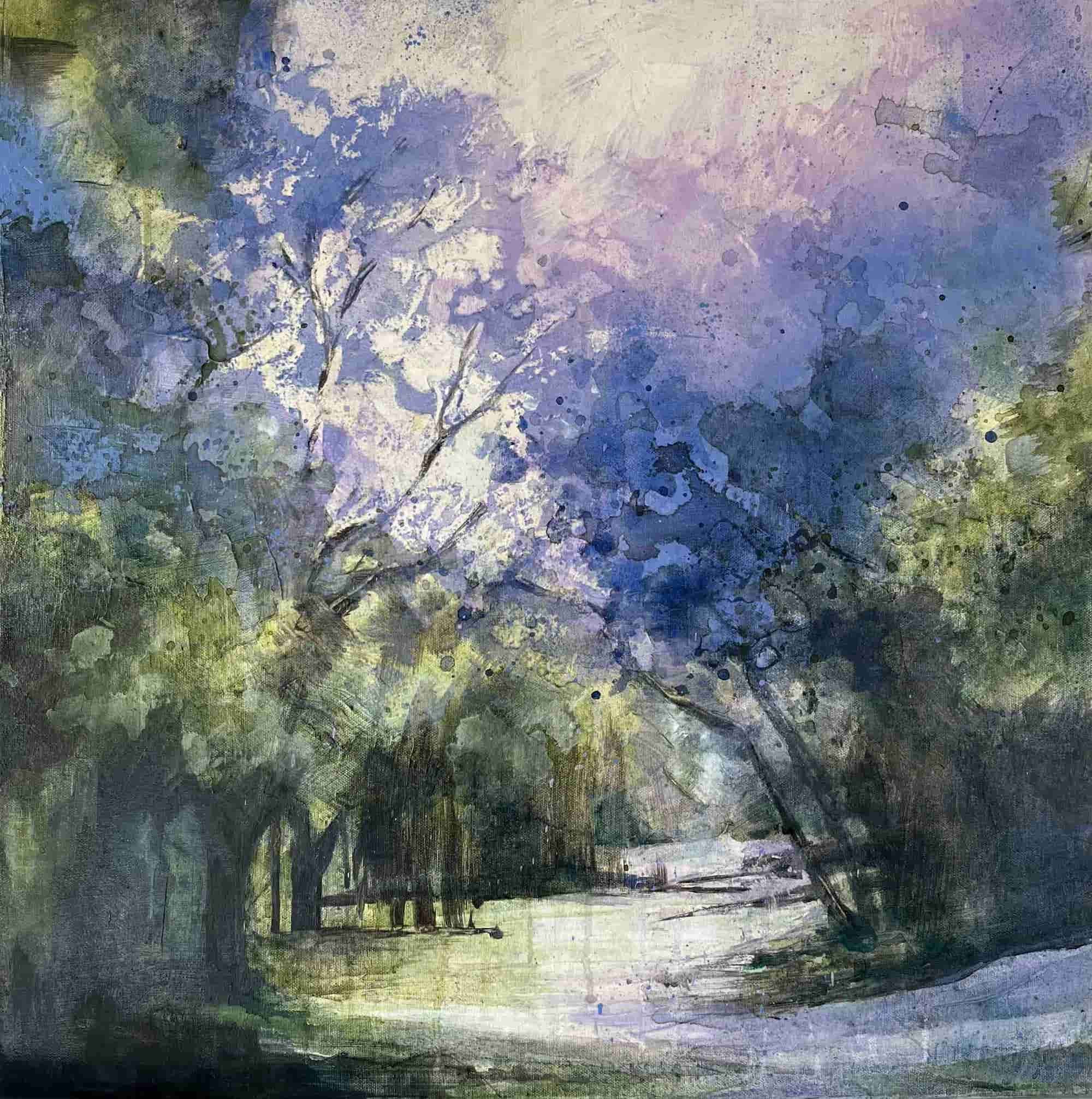 Jacaranda Delight 5 (2023). Mixed media on canvas. 60 x 60cm. Available. €580.