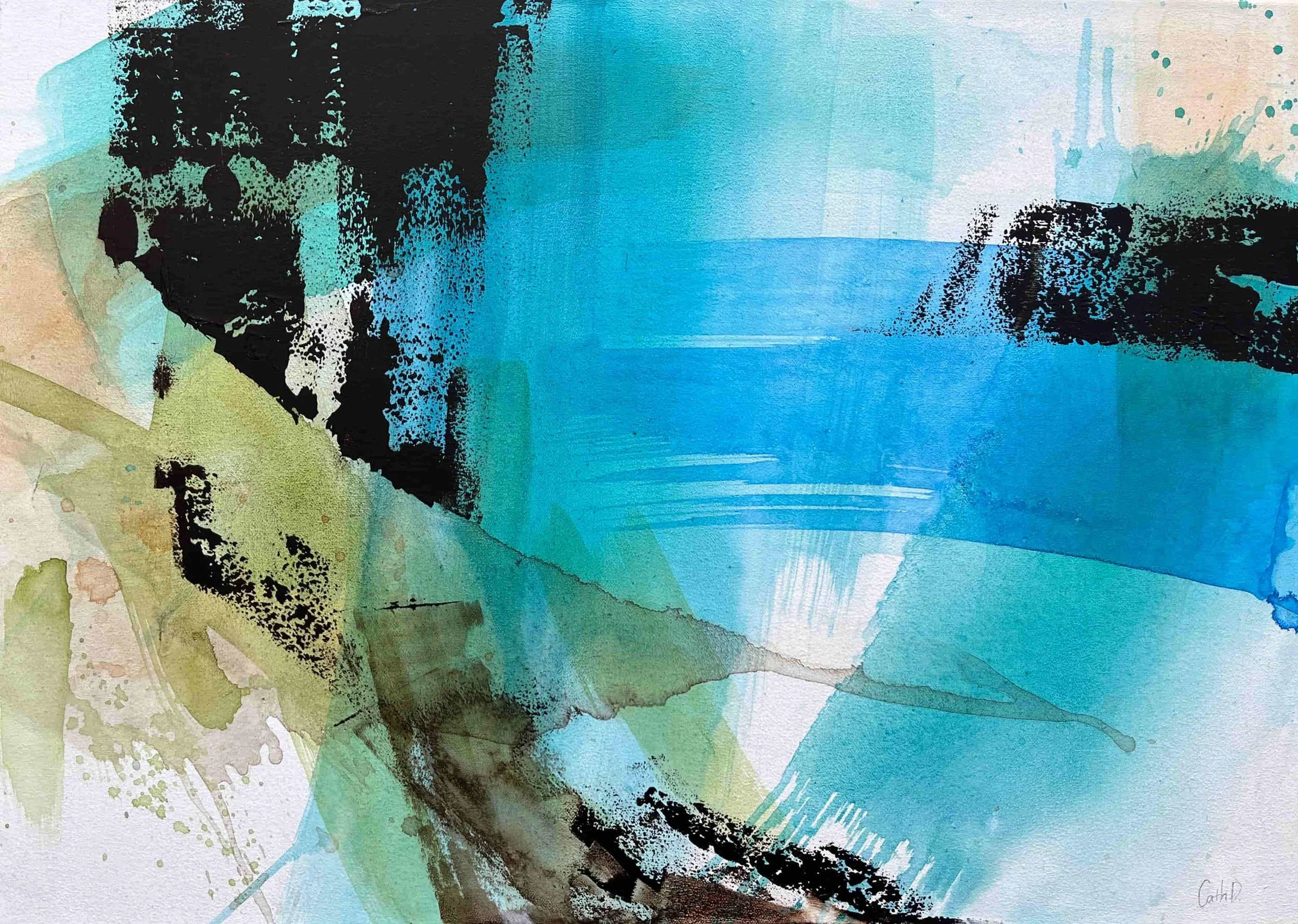 "Suspended Blue Ocean" 2 (A Suspended Blue Ocean by Hafiz). (2024). Acrylic ink and acrylic paint on canvas. 70 x 50cm. Available. €570.