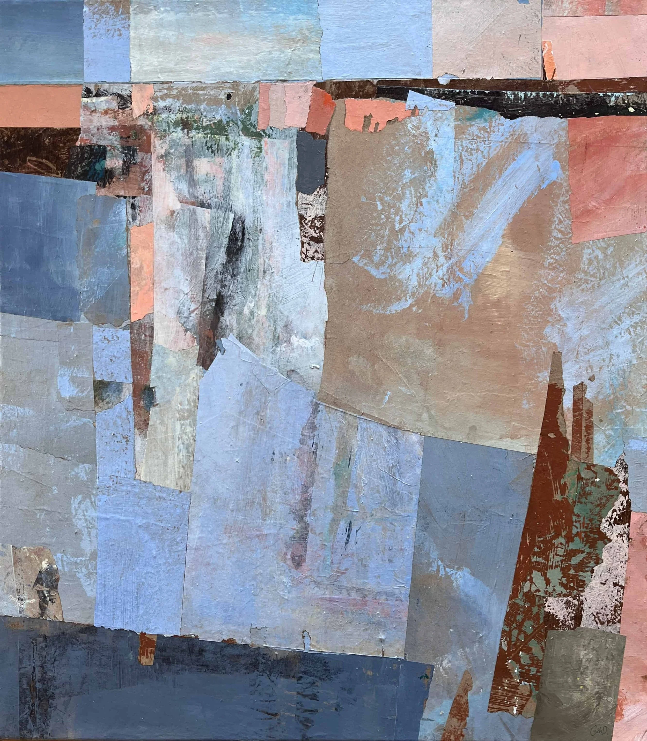 Everything Falling, Everything Rising (2025). Recycled painted papers on canvas. 70 x 80cm. Available. €860.