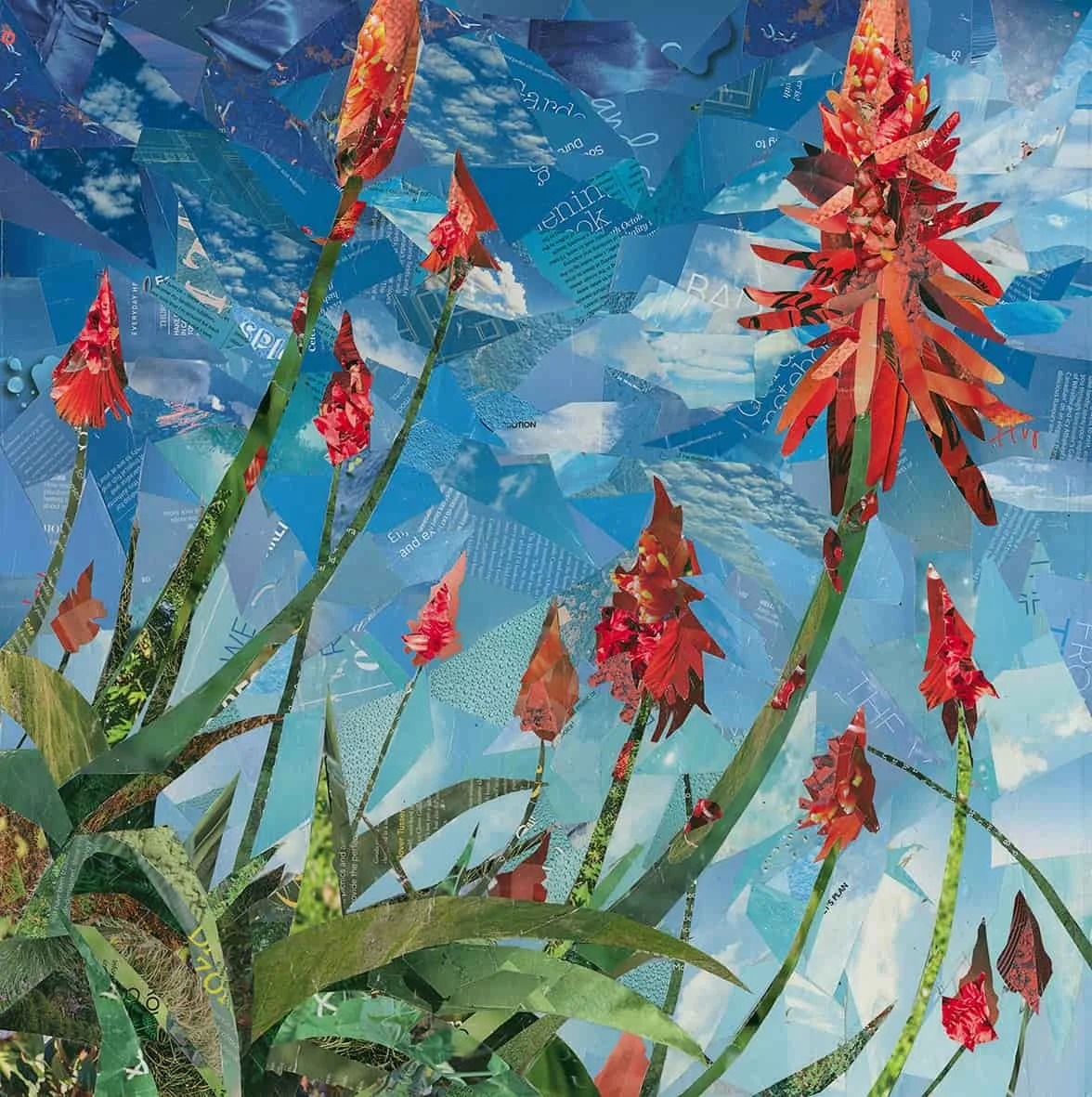 Red Aloes in the Wind (2021). Magazine Paper cuttings on wood panel. 60 x 60cm. SOLD.