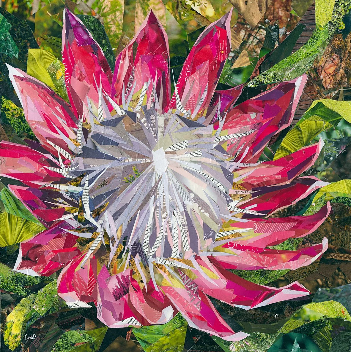 Paper Protea 2 (2020). Magazine Paper cuttings on wood panel. 60 x 60cm. SOLD.