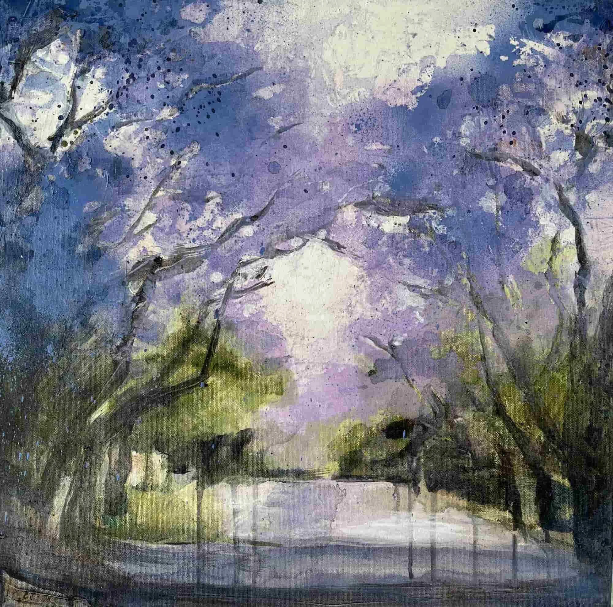 Jacaranda Delight 4 (2023). Mixed media on canvas. 50 x 50cm. Available. €480.
