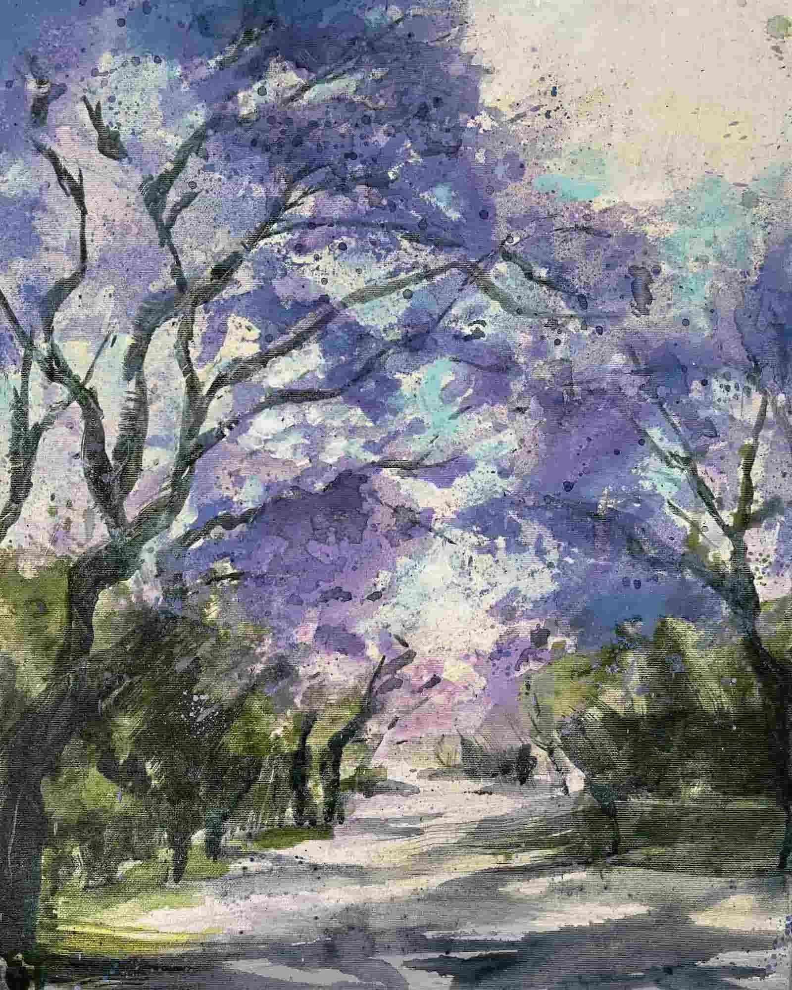 Jacaranda Delight 9 (2023). Mixed media on canvas. 40 x 50cm. Available. €400.