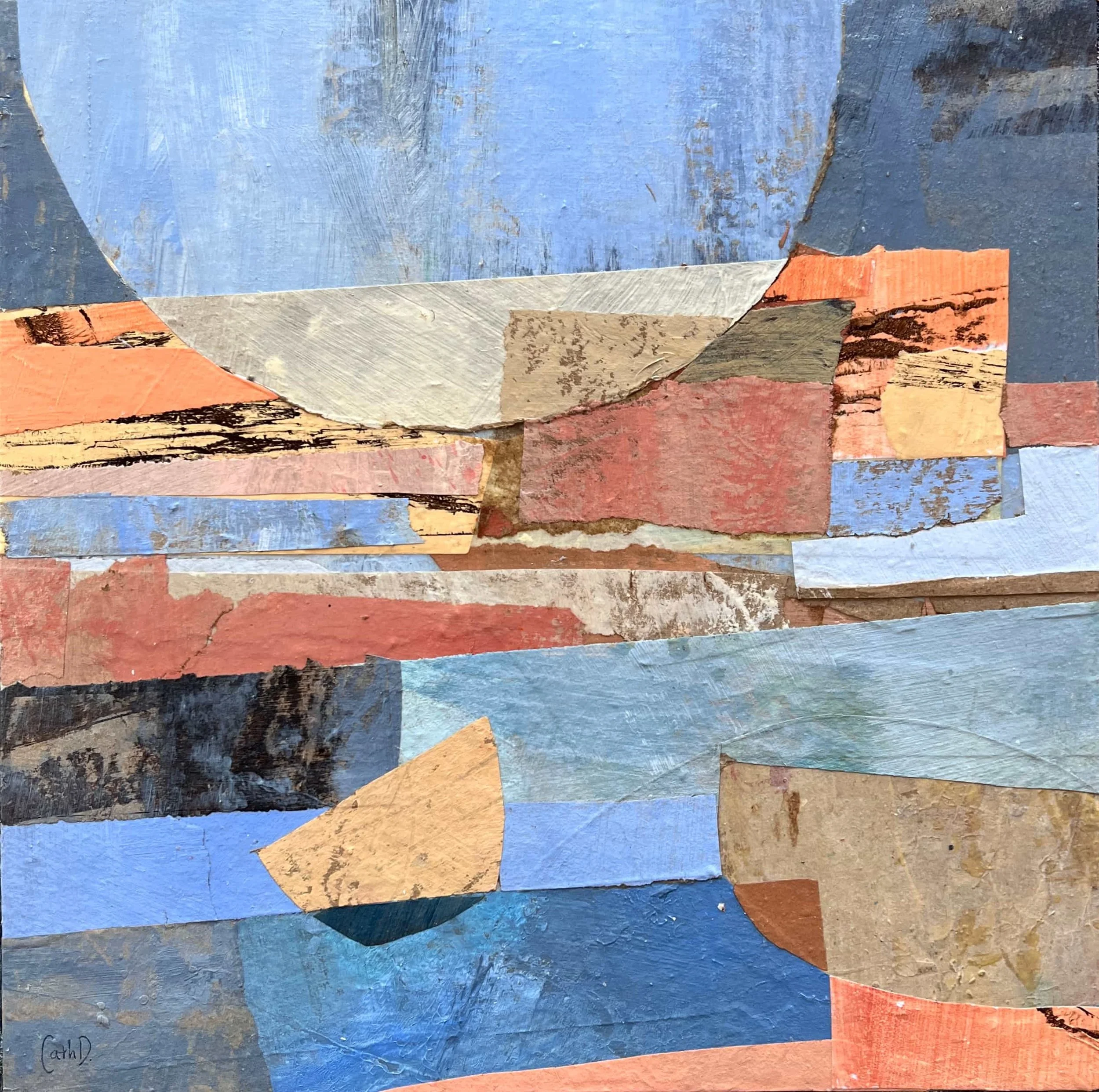 Carried By a Sea That Also Lives in Me (2025). Recycled painted paper collage on wood panel, framed in a natural wood floating frame. 30 x 30cm. Available. €295, including frame.