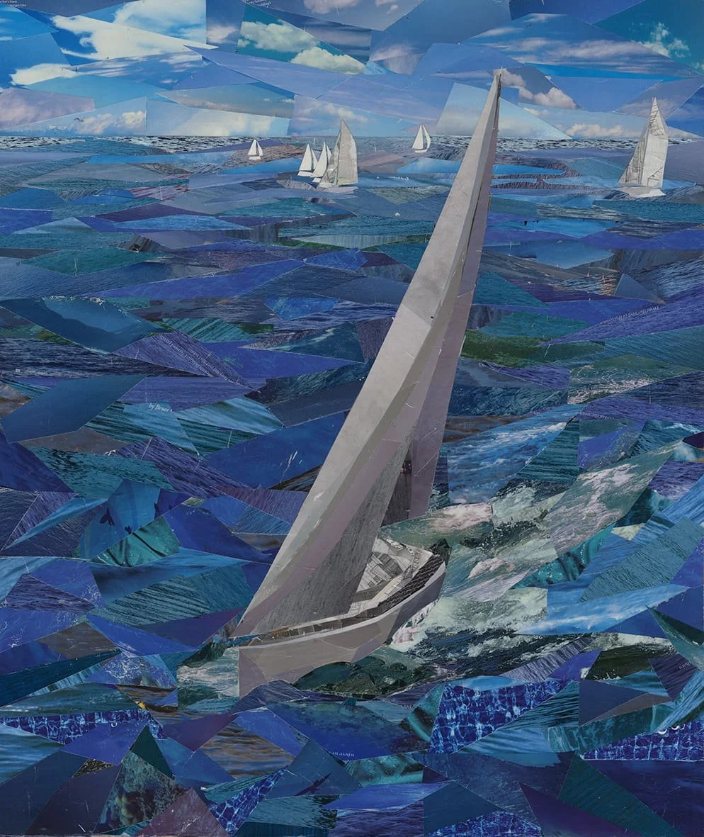 Sailboats (2020) Magazine Paper cuttings on wood panel. 50 x 60cm. SOLD.