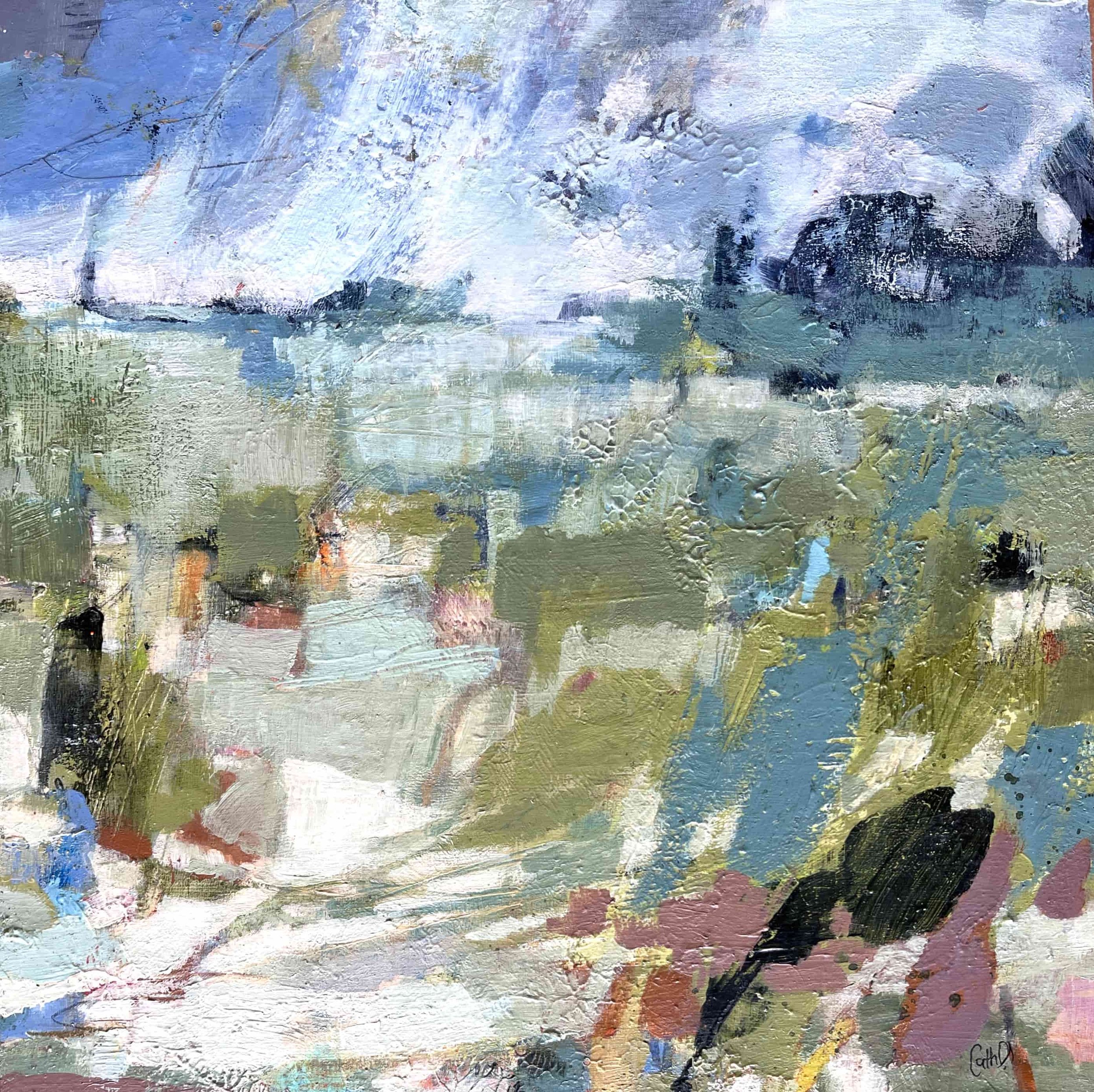 Summer Landscape (2024). Acrylic on wood panel. 30 x 30cm. Available. €275 framed with natural wood floating frame.