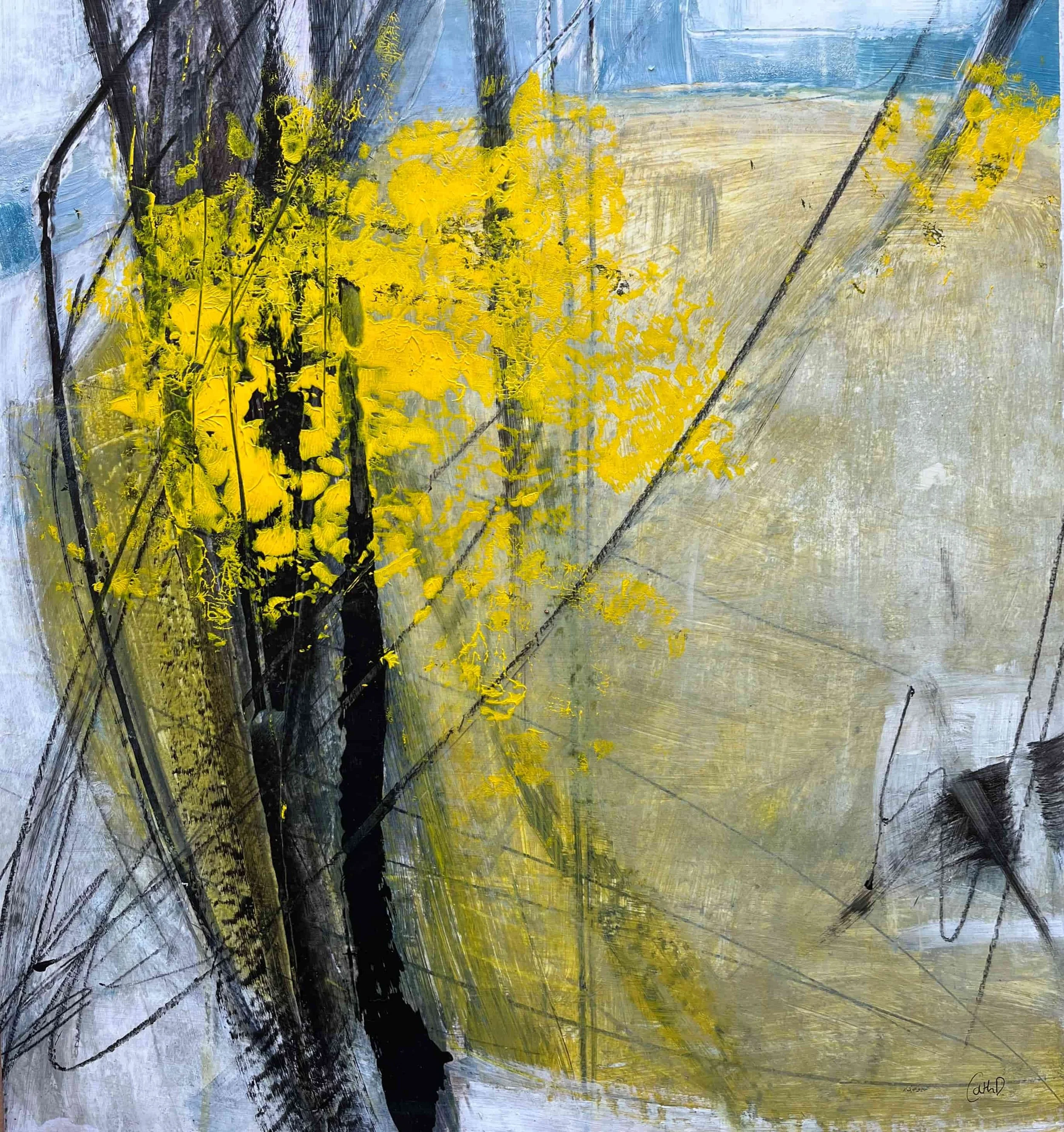 Forsythia (2024). Mixed media on paper. 48 x 51cm. SOLD.