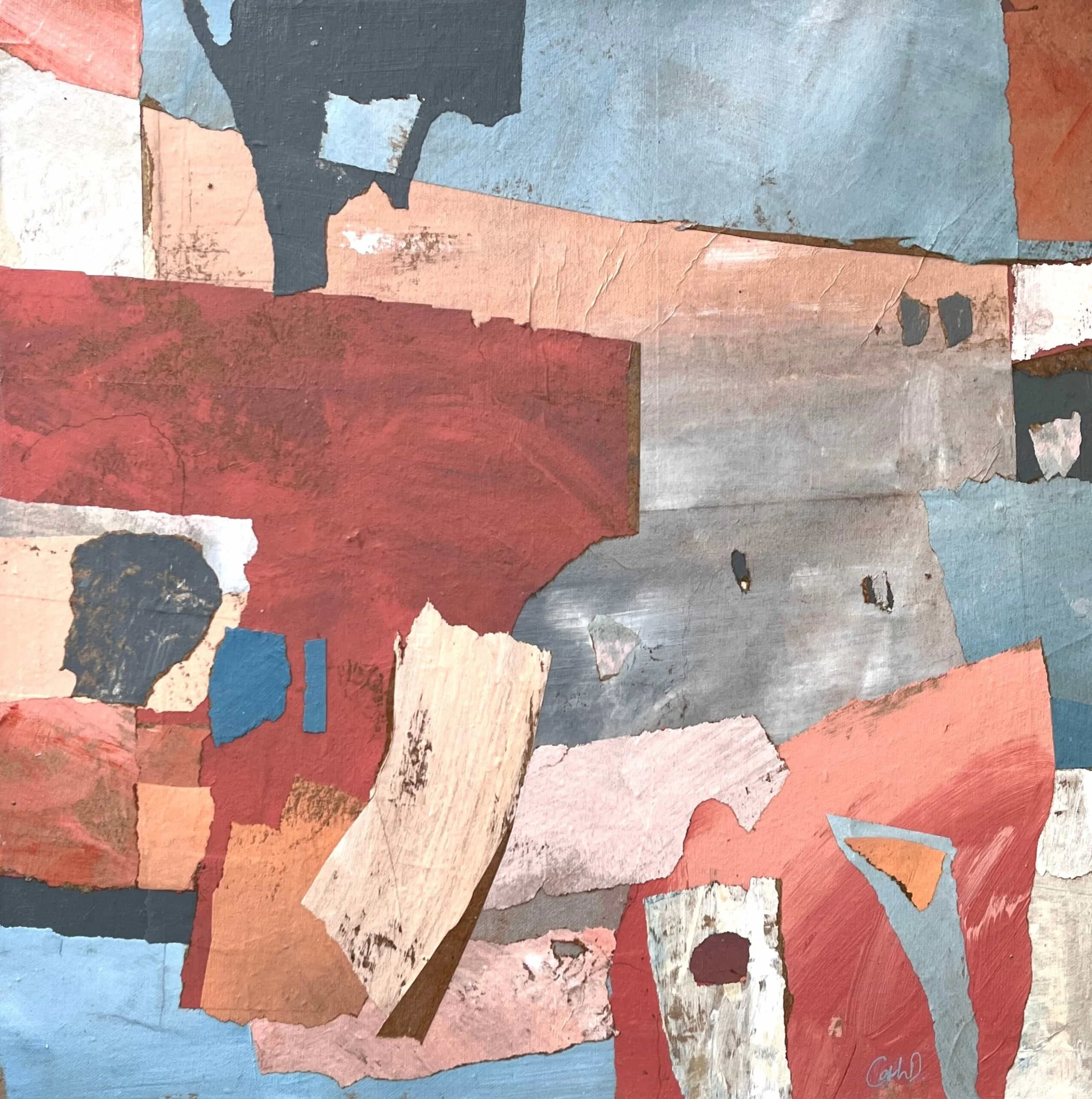 Sunburnt Sands and Sky Everywhere (2025). Recycled painted paper collage on canvas. 50 x 50cm. Available. €480.