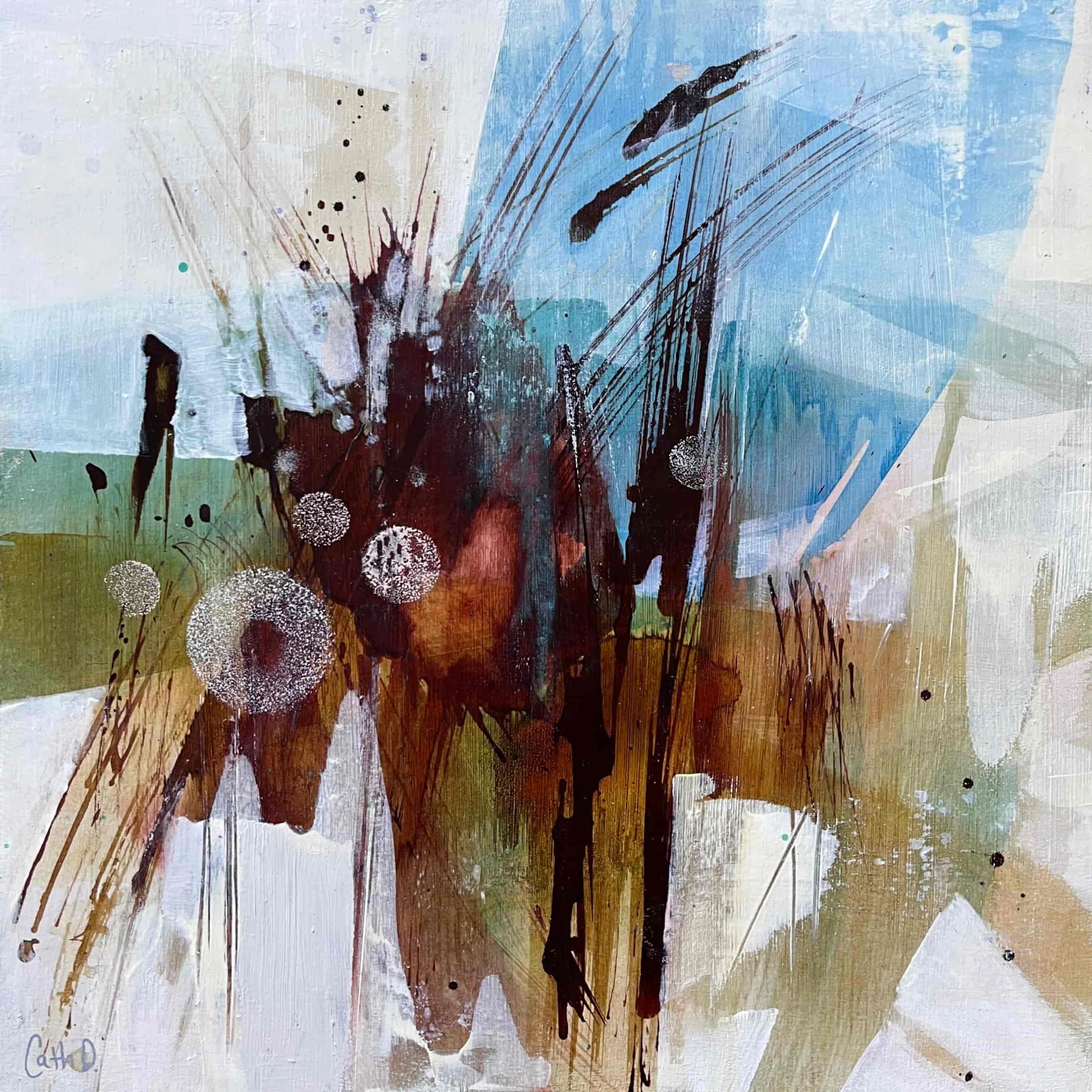 Dandelions. (2025). Acrylic on wood panel. 30 x 30cm. Available. €275 framed with natural wood floating frame.