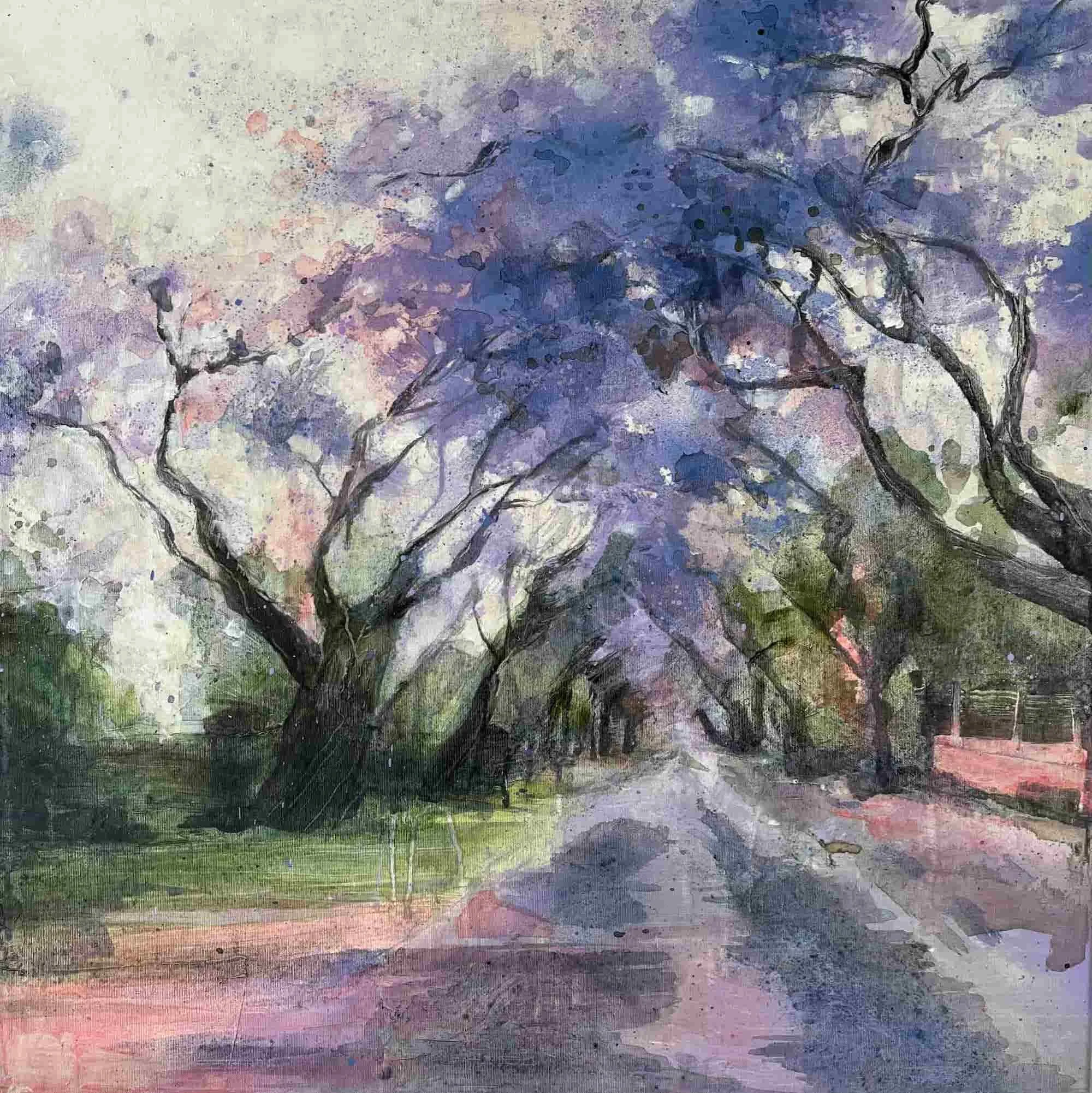 Jacaranda Delight 6 (2023). Mixed media on canvas. 60 x 60cm. Available. €580.