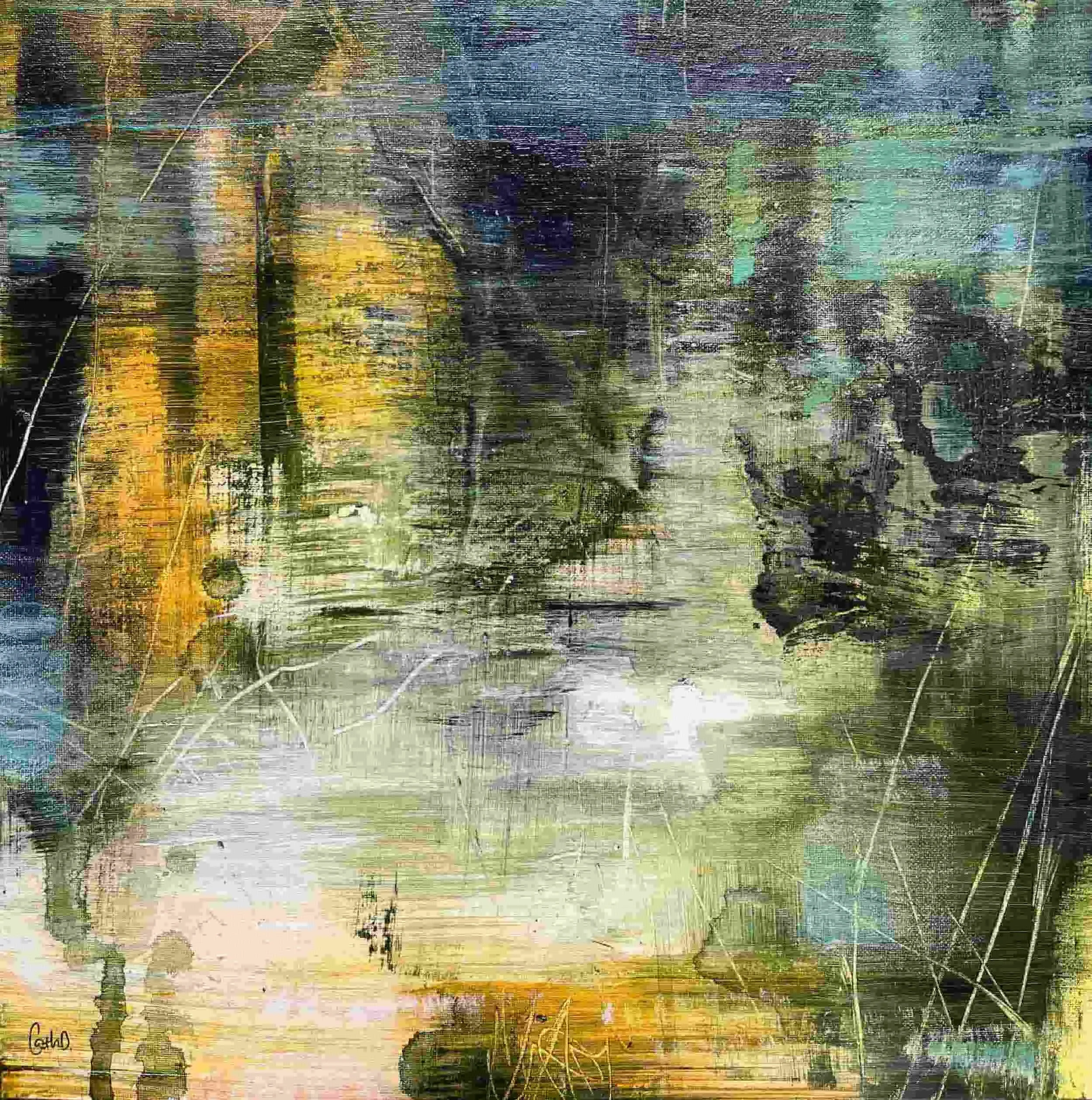 Canal Reflections 2 (2023). Acrylic on wood panel. 30 x 30cm. Available. €275 framed with natural wood floating frame.