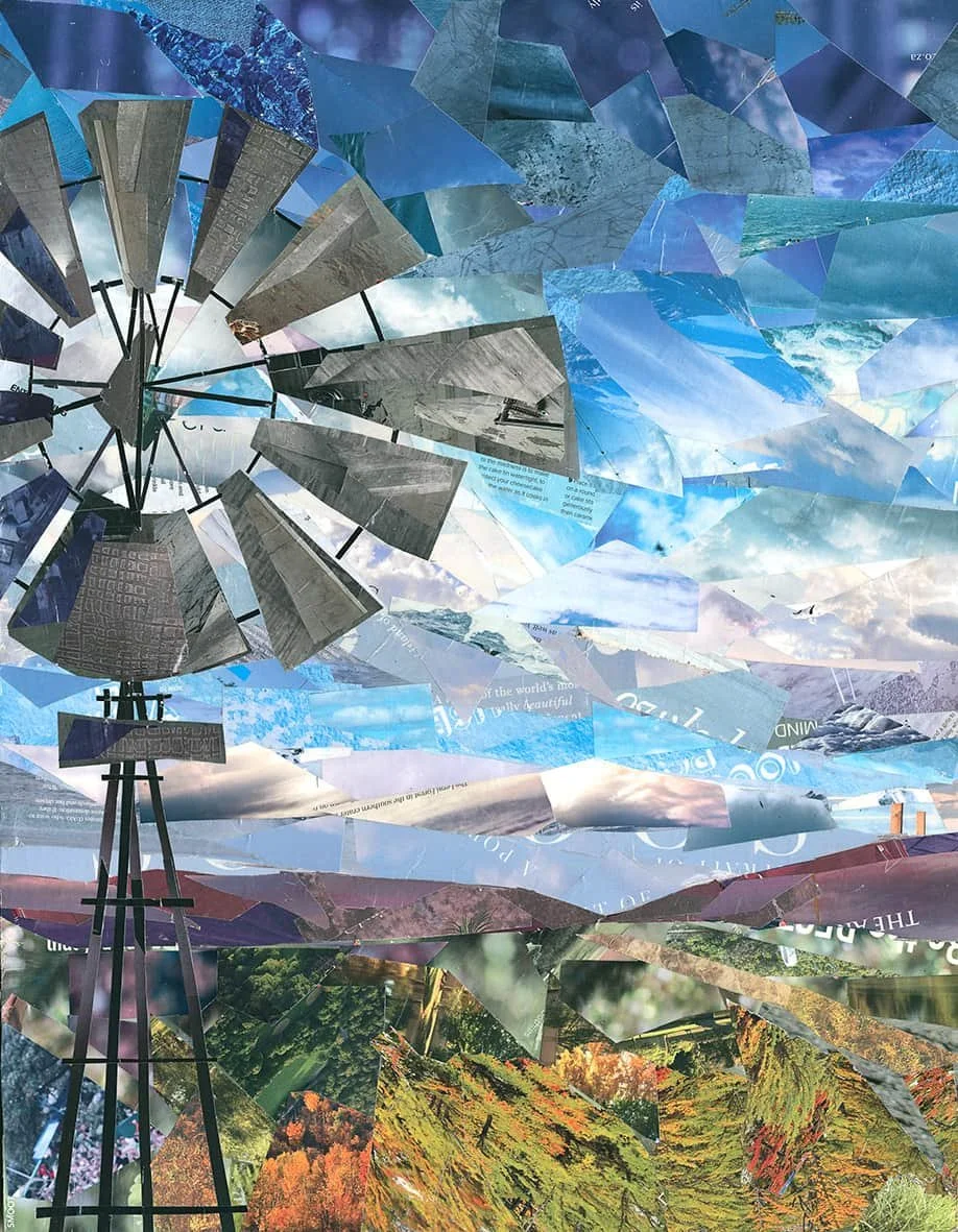 Another Good Day on the Farm (2021). Magazine Paper cuttings on wood panel. 46 x 60cm. SOLD.