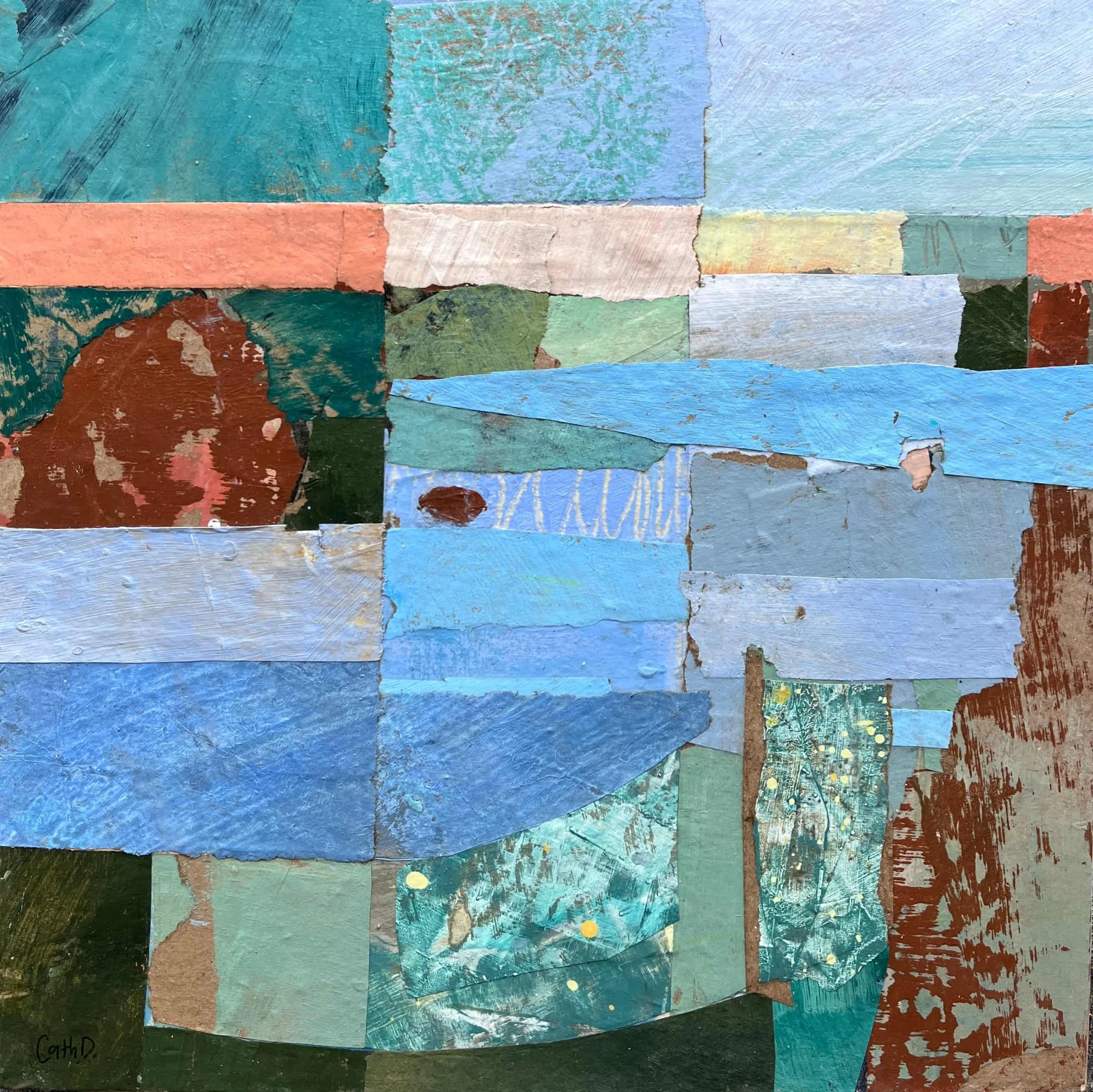 Even The Hard Edges Sing (2025). Recycled painted paper collage on wood panel, framed in a natural wood floating frame. 30 x 30cm. Available. €295, including frame.