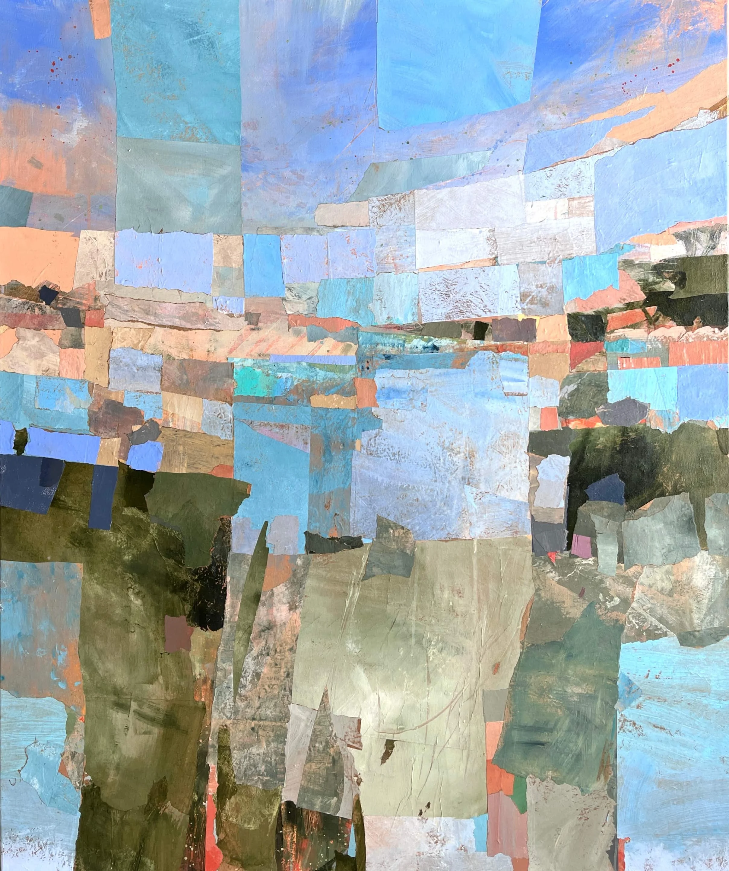 Now Hemmed In, Now Grasping All (2025). Recycled painted papers on canvas. 100 x 120cm. Available. €1700.