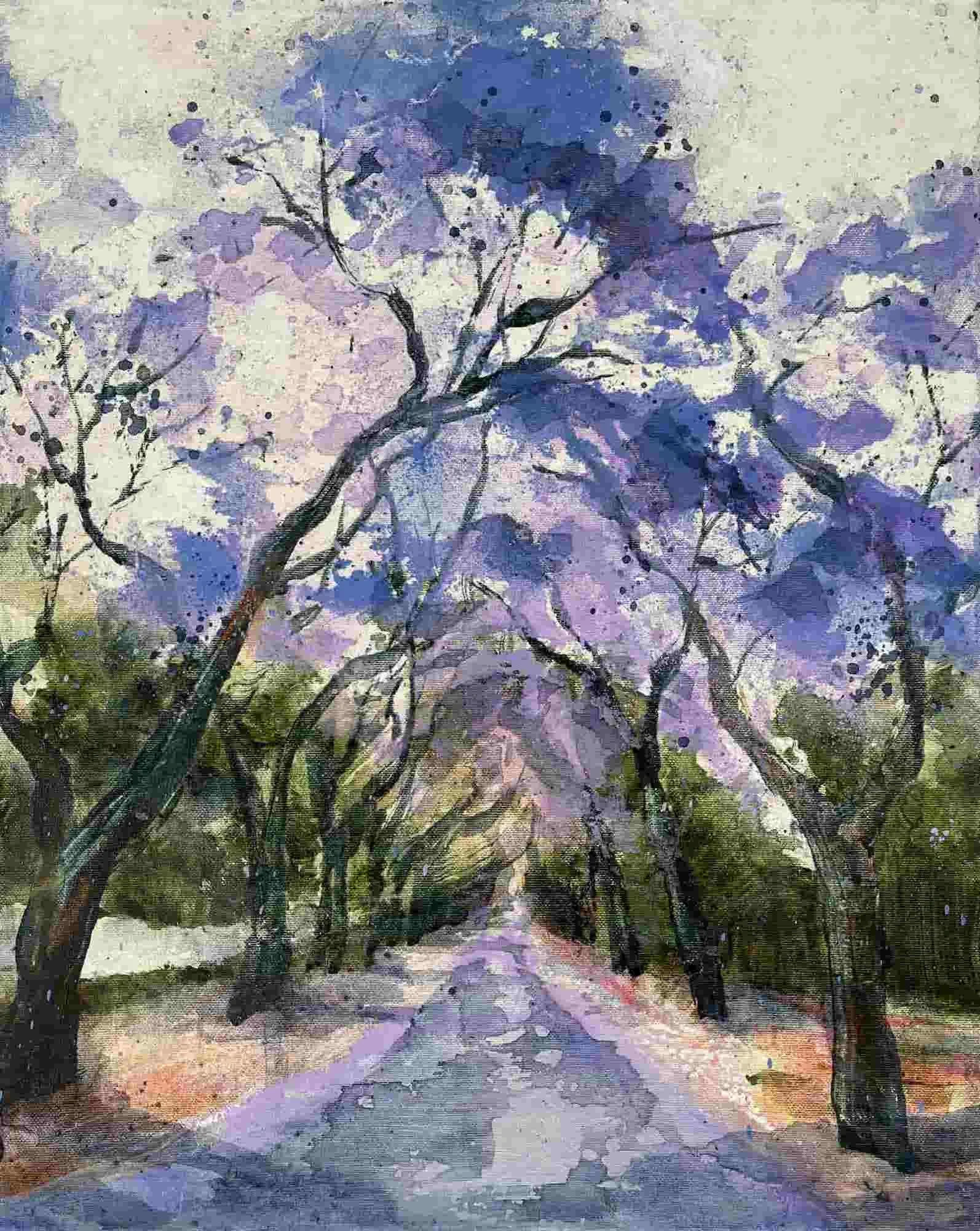 Jacaranda Delight 8 (2023). Mixed media on canvas. 40 x 50cm. Available. €400.