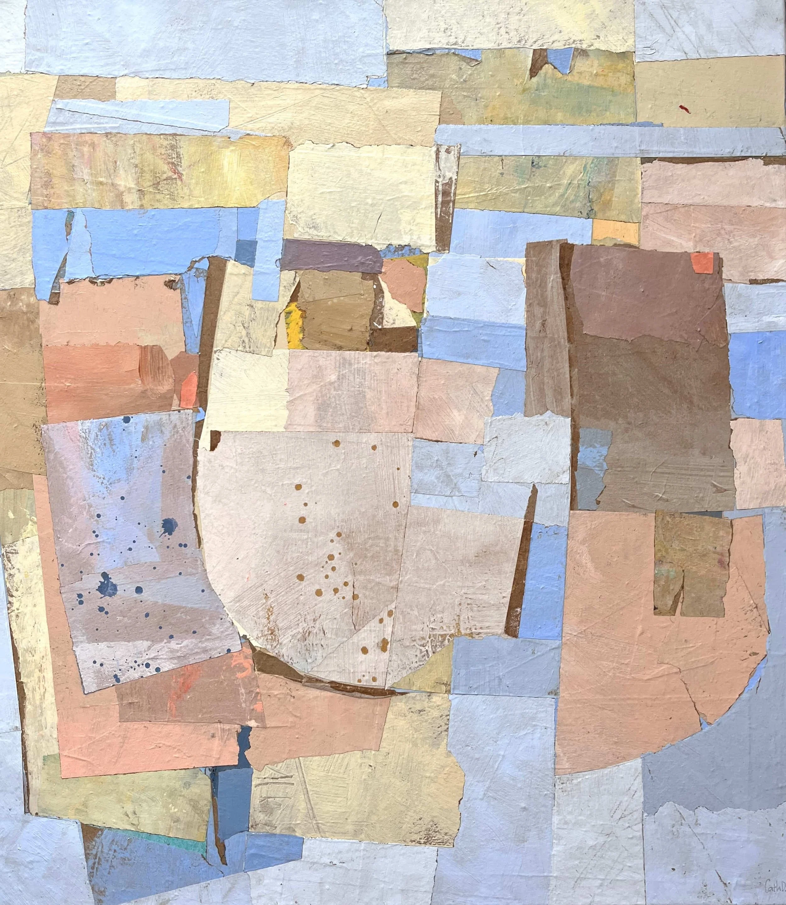 Tethered in the Drift (2025). Recycled painted papers on canvas. 70 x 80cm. Available. €930