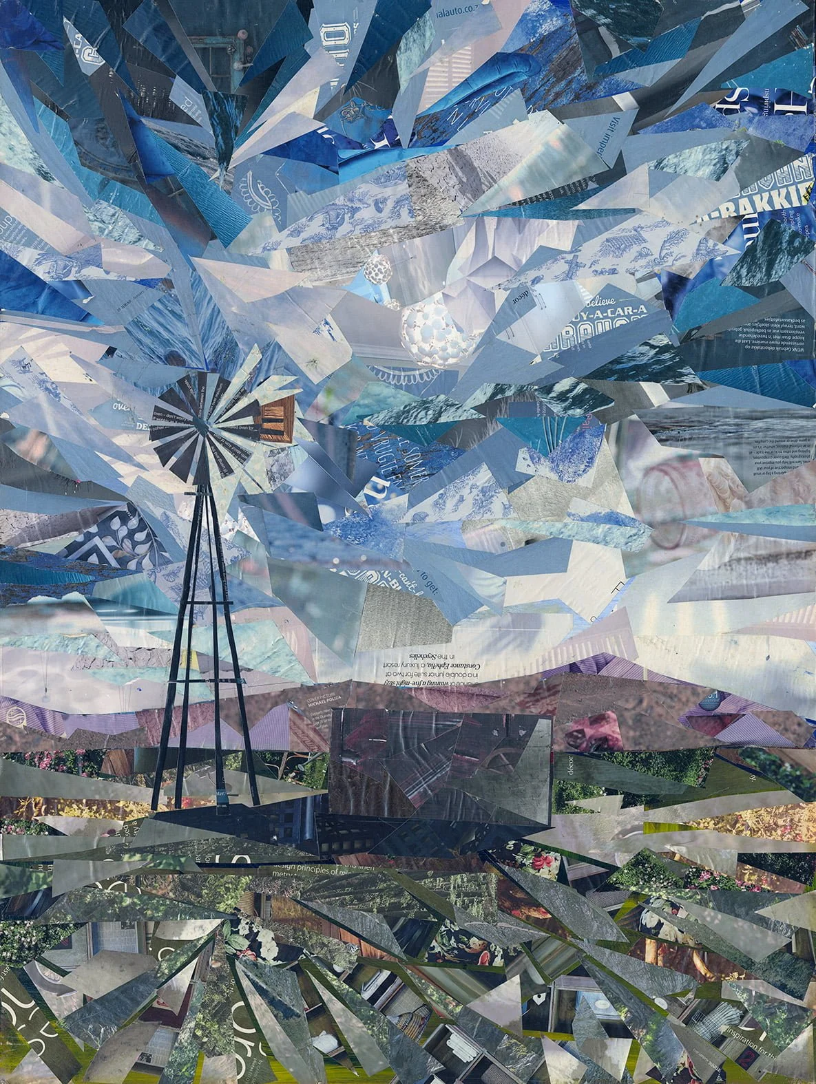 Karoo Sky & Windmill 1 (2014). Magazine Paper cuttings on wood panel. 60 x 80cm. SOLD.