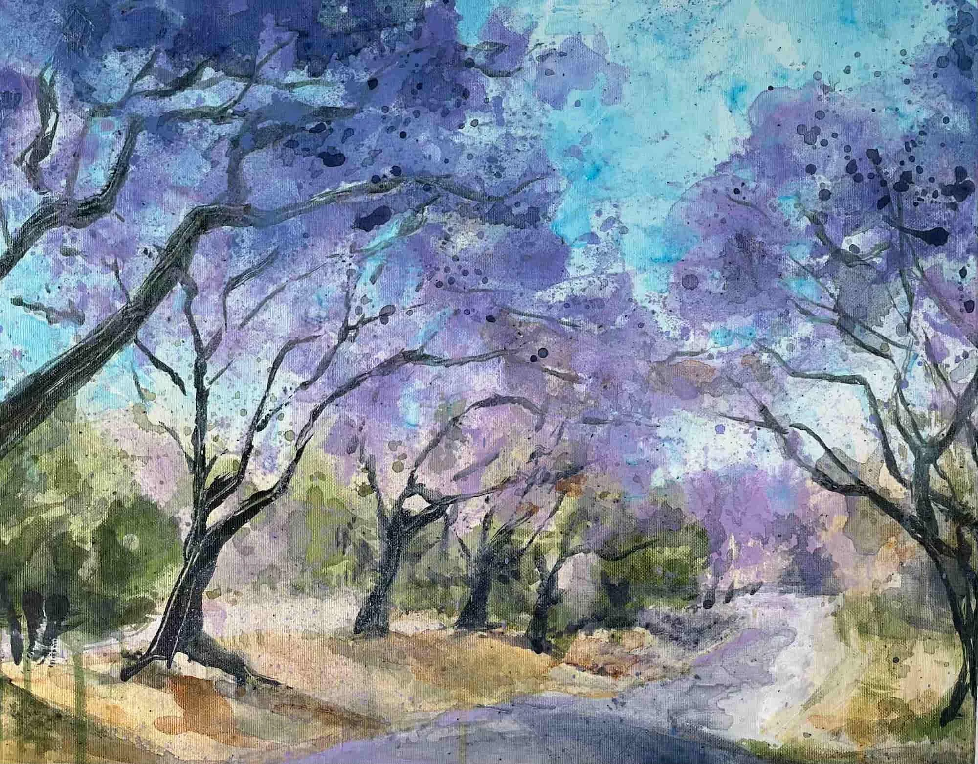 Jacaranda Delight 10 (2023). Mixed media on canvas. 40 x 50cm. Available. €400.