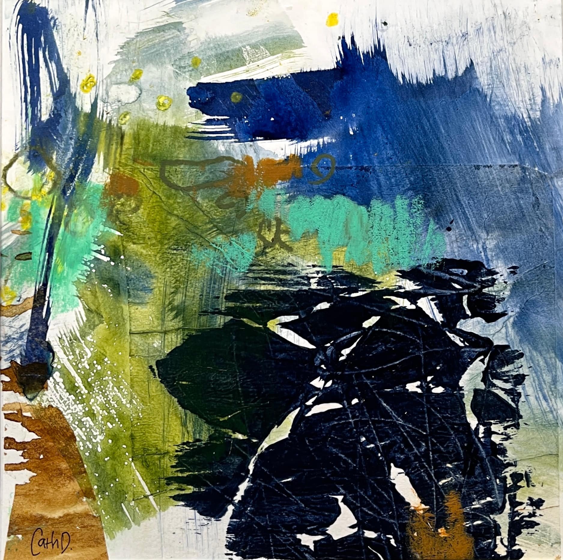 Along The Porthgwara Path 1 (2024). Mixed media on paper. 19.5 x 19.5cm and mounted in a 30 x 30cm white passe-partout. Available. €85.
