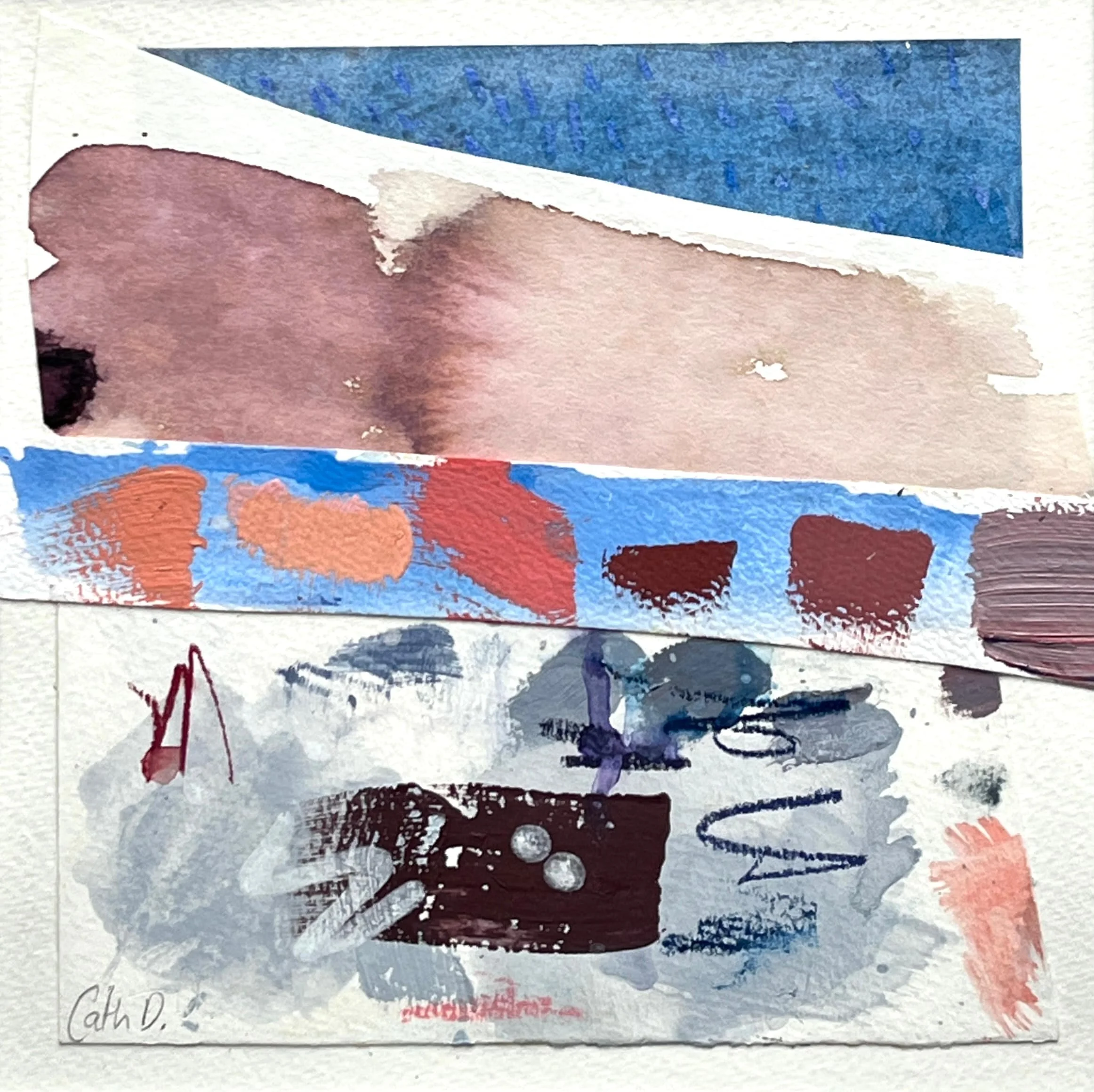Salty Splashes & Cherry Gelato (2024). Mixed media on paper. 19.5 x 19.5cm, mounted in a 30 x 30cm white passe-partout. Available. €85.