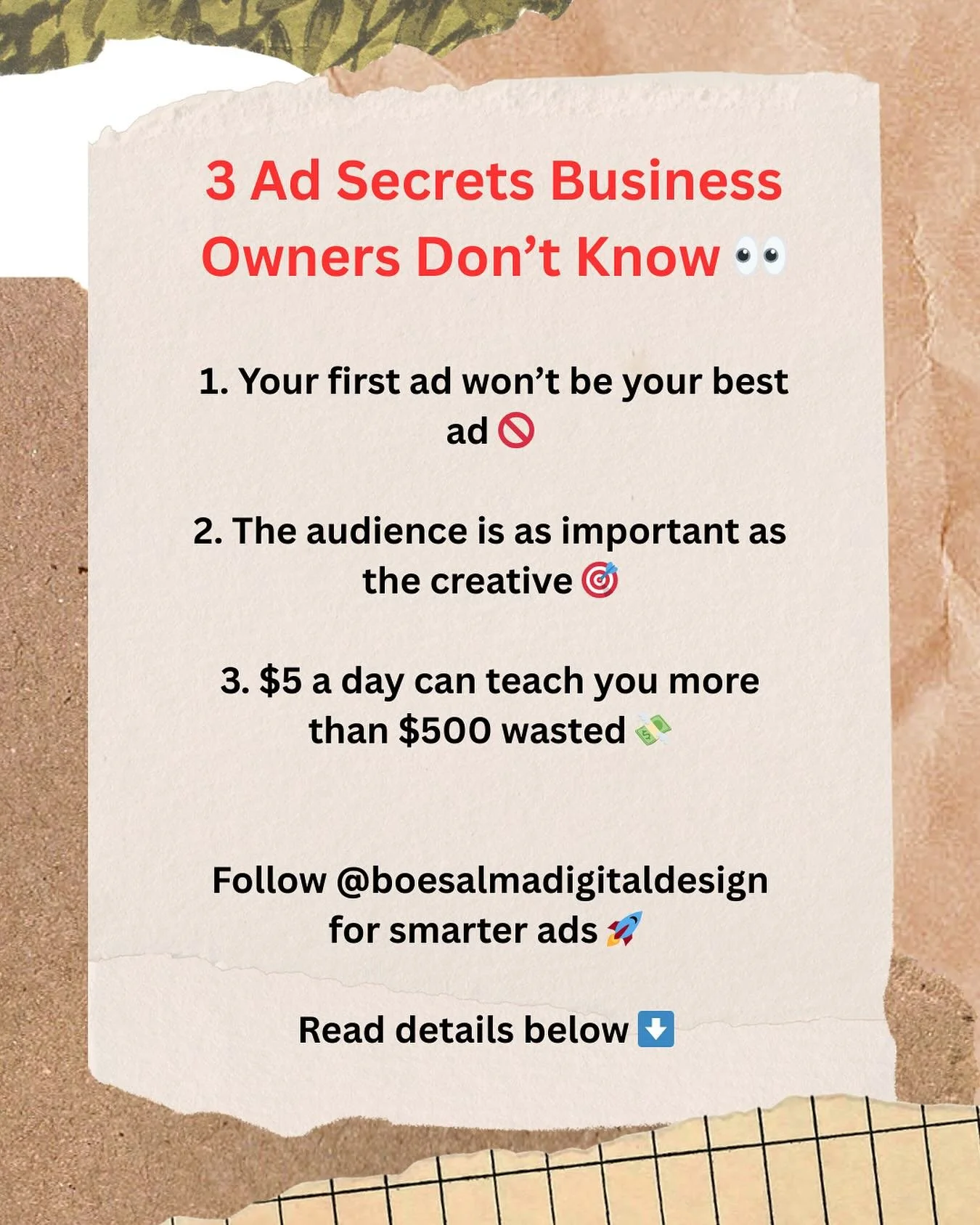 Most business owners think ads &ldquo;don&rsquo;t work,&rdquo; but the truth is they don&rsquo;t know how to test, target, and scale properly. 

Here&rsquo;s what I teach my clients:

1️⃣ Your first ad won&rsquo;t be your best ad. Ads are about testi
