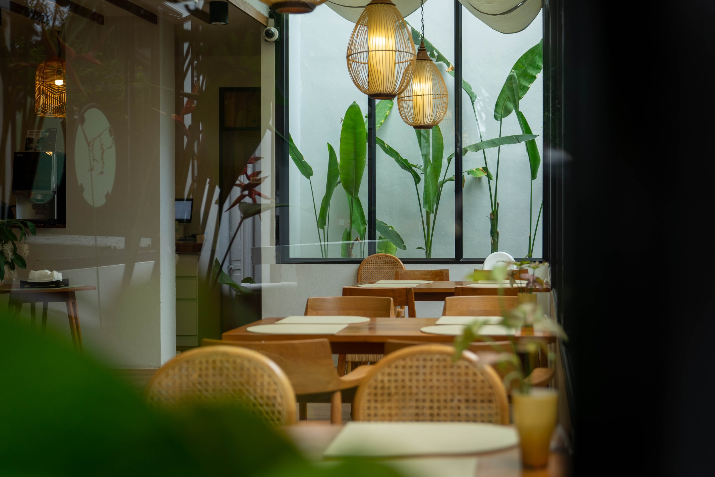 Interior of a modern-craft restaurant with wooden tables and cane chairs, large green plants by a window, and hanging wicker pendant lights. A stunning green house area