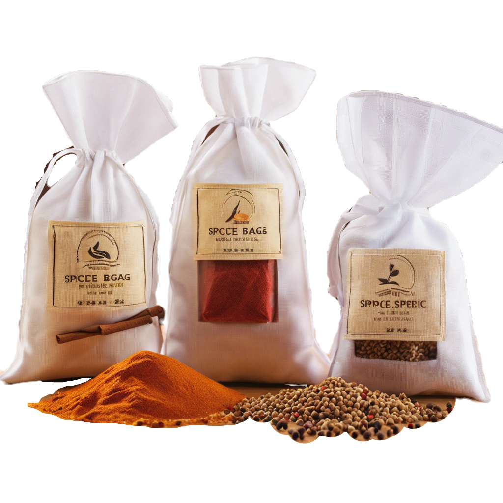 Three white spice bags labeled 'Spice Bag', with ground spices and peppercorns in front.