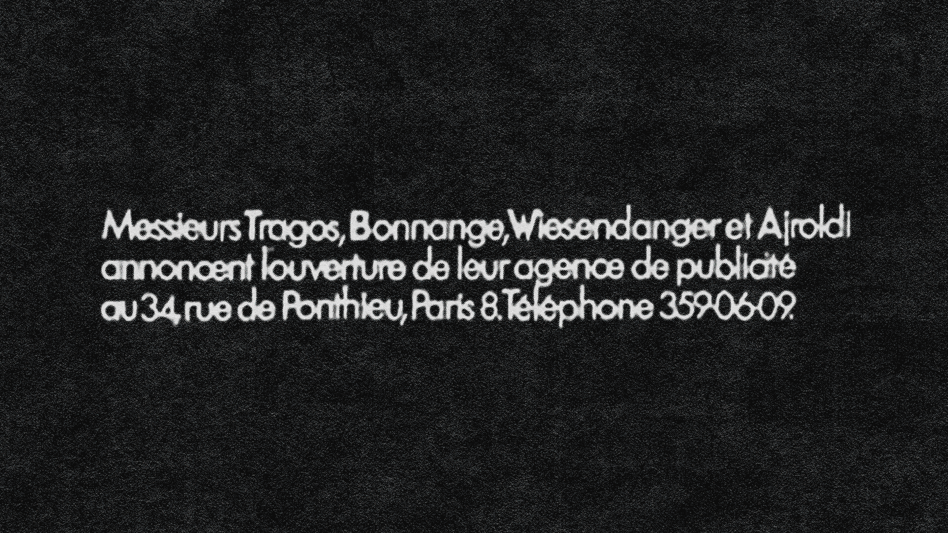 Text in French on a black background with noise pattern, providing a public notice regarding banning illegal advertising on a specific street in Paris, France.