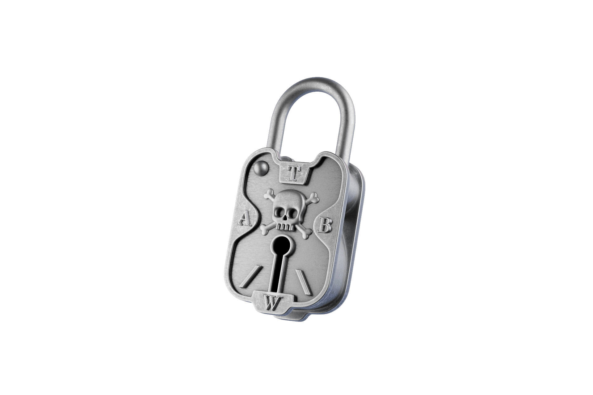 A metal lock with a skull and crossbones design engraved on it, and directional letters around the skull.